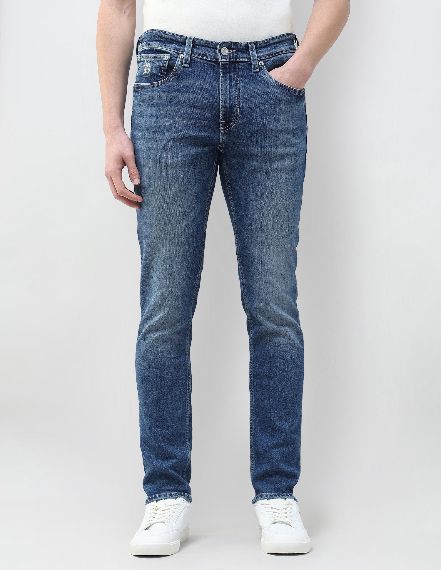 Whiskered Brandon Slim Tapered Fit Jeans Mid Blue - U.S. Polo Assn. India | Large