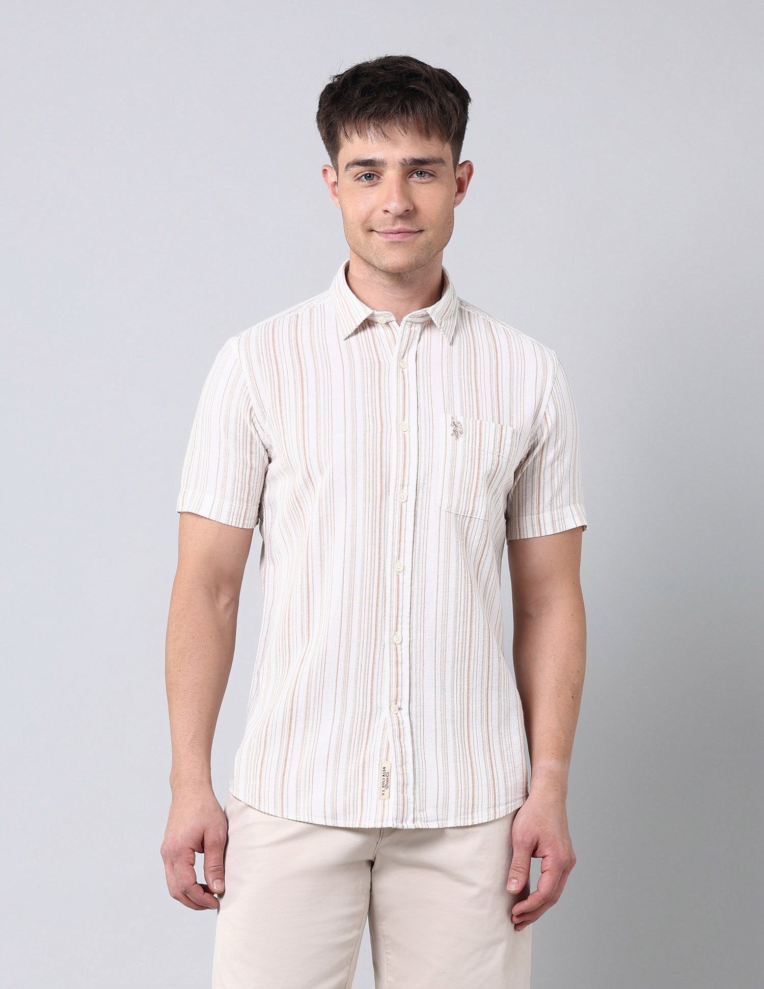 Vertical Striped Pure Cotton Shirt Ochre - U.S. Polo Assn. India | Large
