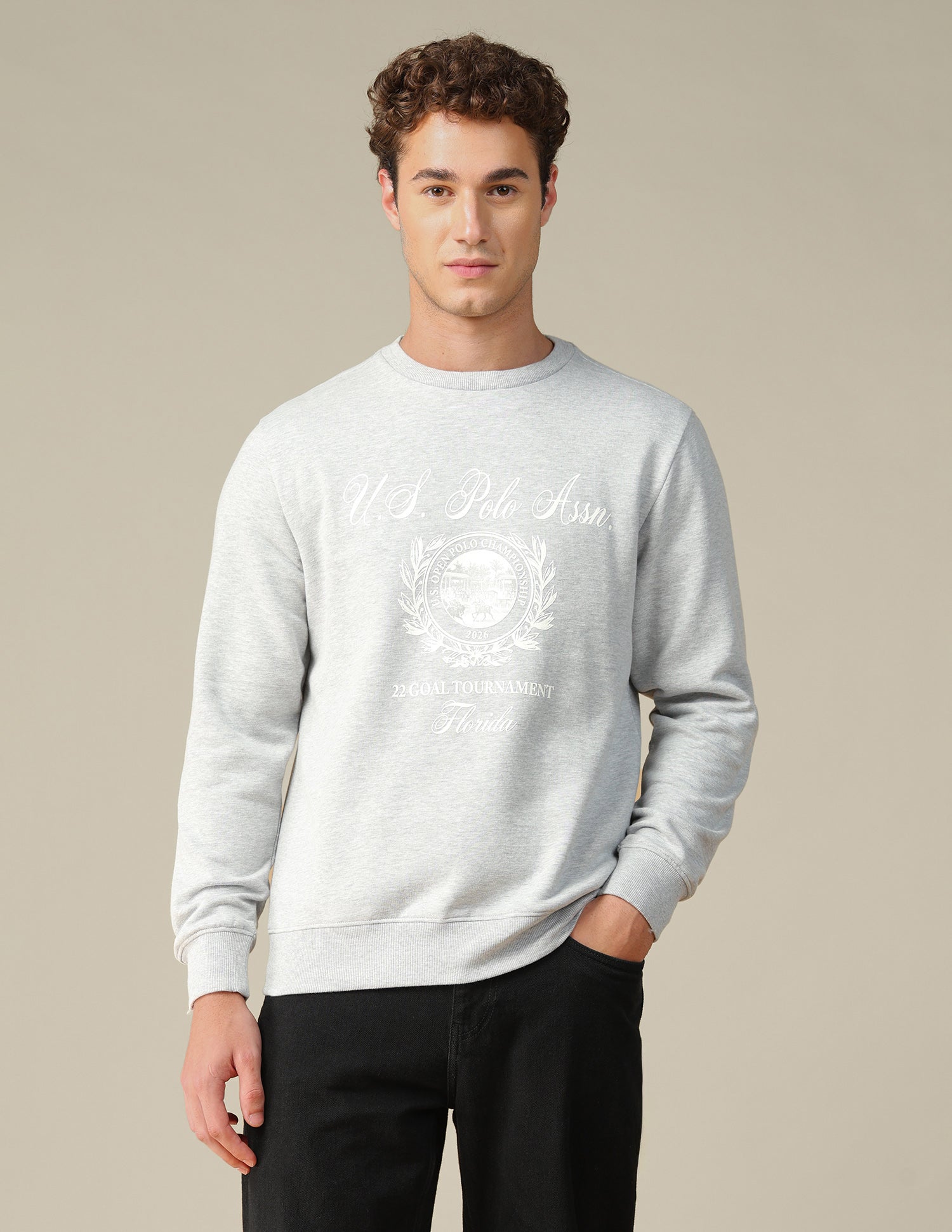 Graphic Brand Printed Regular Fit Sweatshirt Ecru Melange - U.S. Polo Assn. India | Large