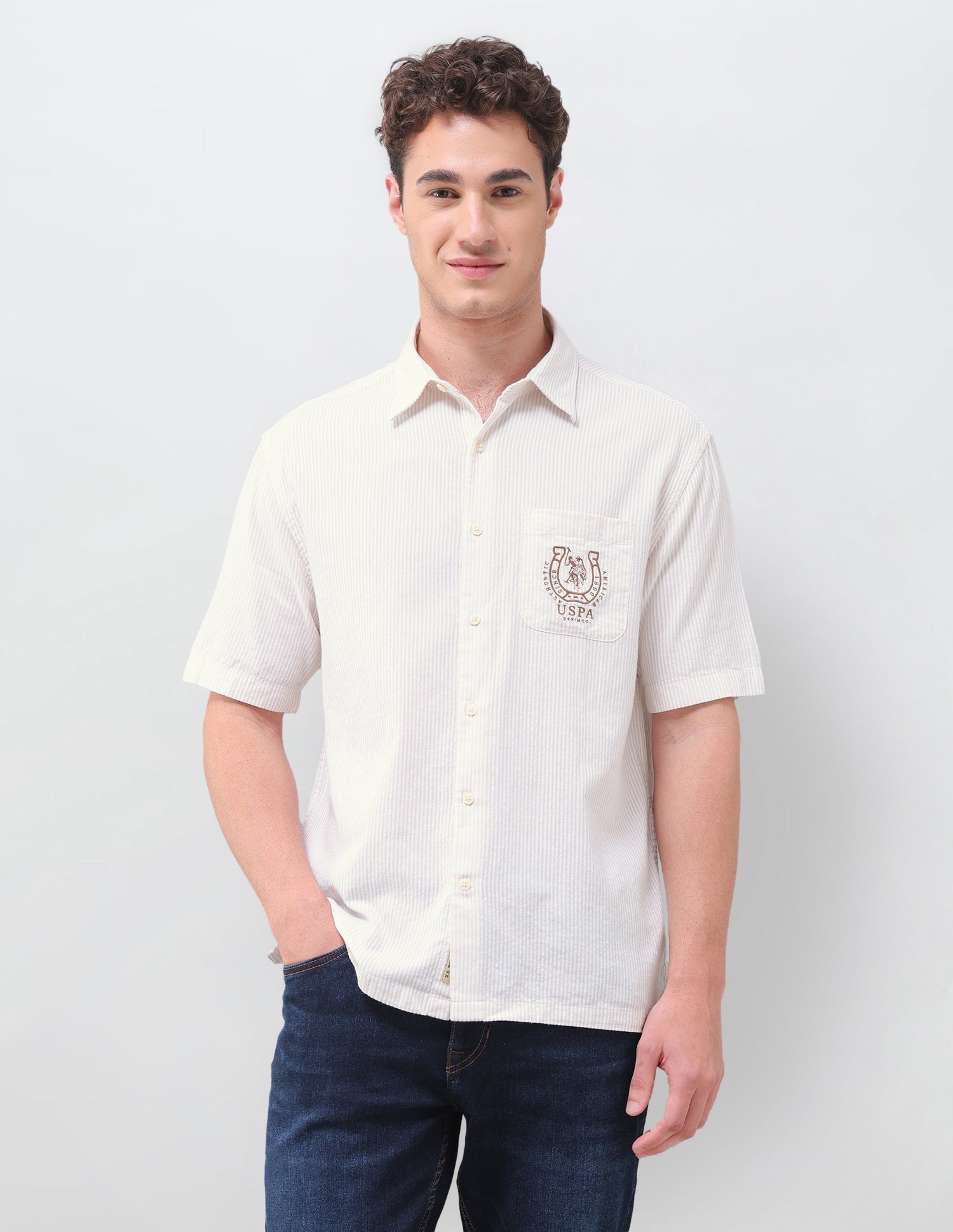 Vertical Striped Seersucker Weave Shirt Beige - U.S. Polo Assn. India | Large