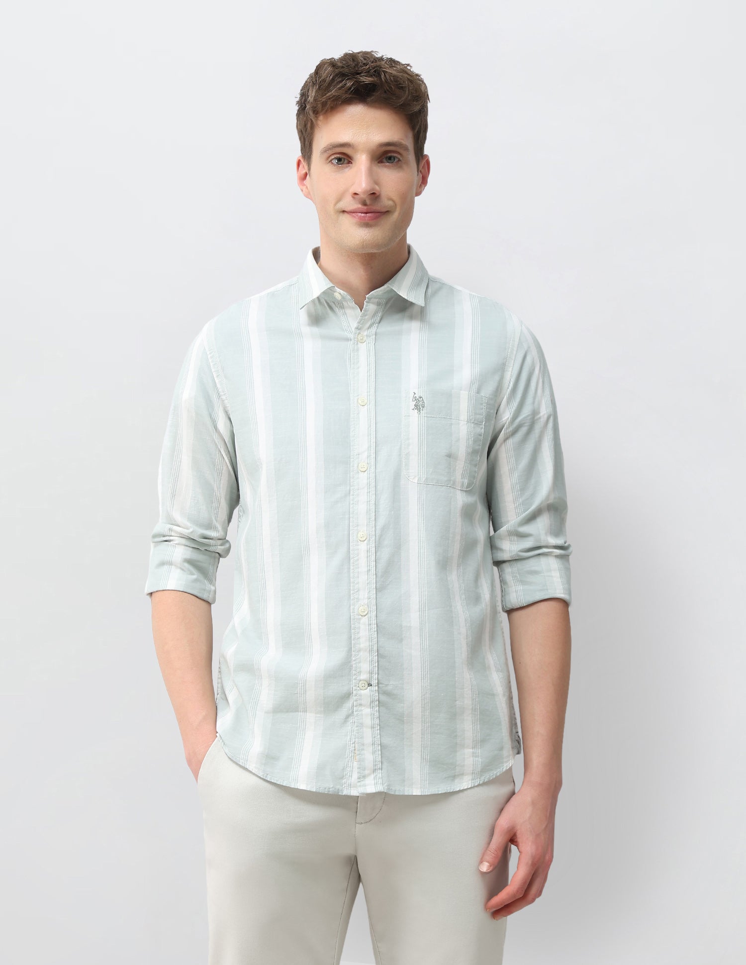 Vertical Striped Regular Fit Shirt Light Green - U.S. Polo Assn. India | Large