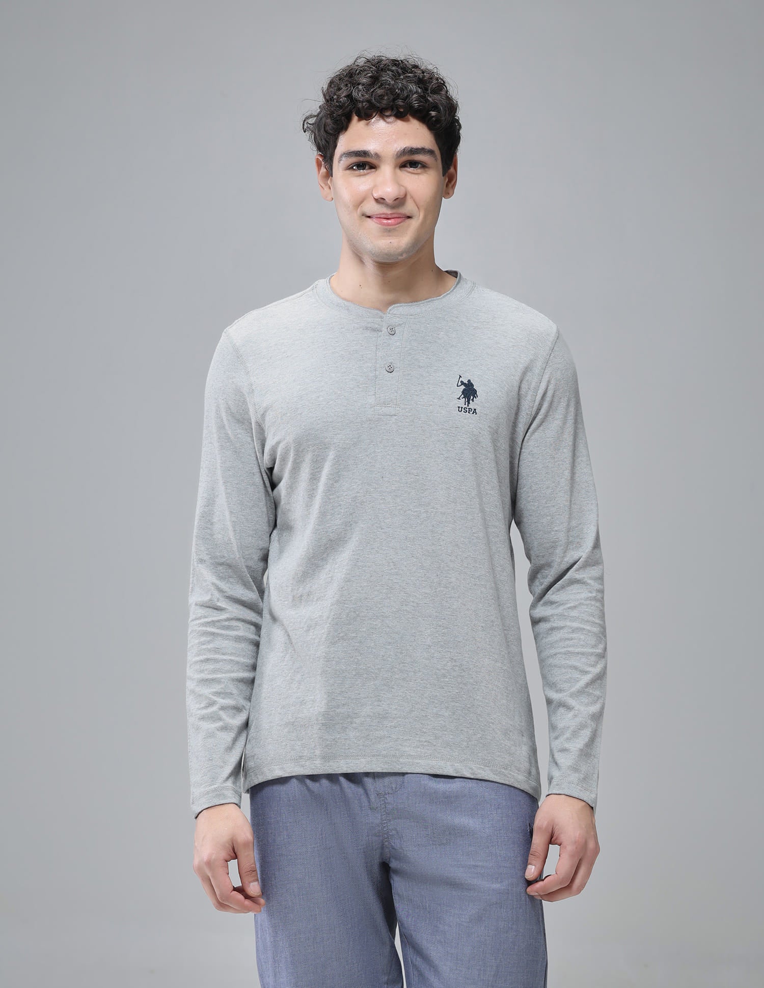 Comfort Fit Cotton I694 Henley Lounge T-Shirt - Pack Of 1 Grey Melange - U.S. Polo Assn. India | Large