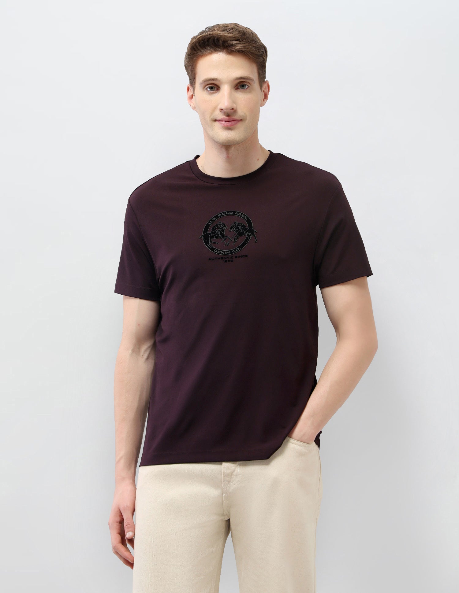 Solid Slim Fit Black & Gold T-Shirt Wine - U.S. Polo Assn. India | Large