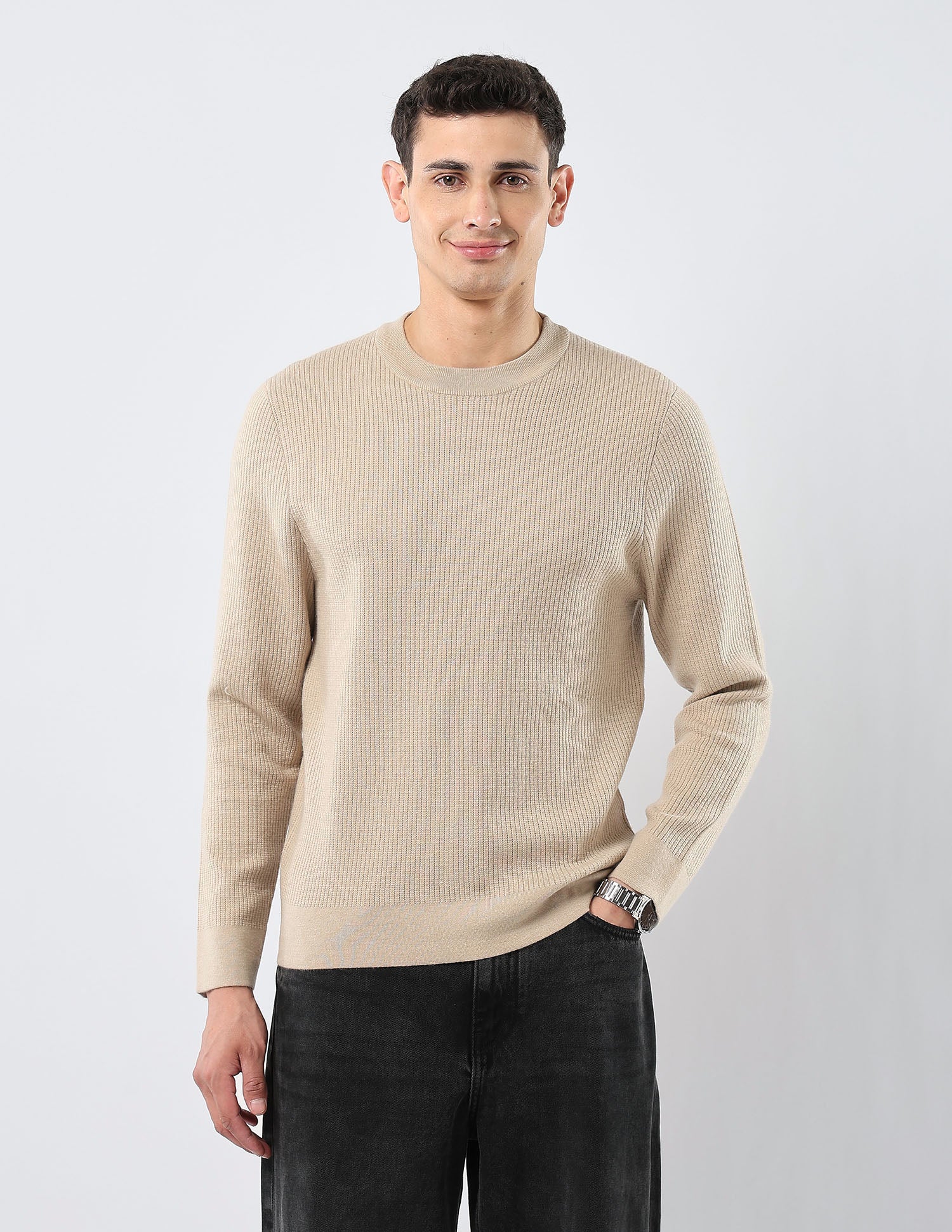 Patterned Knit Regular Fit Sweater Beige - U.S. POLO ASSN. | Large