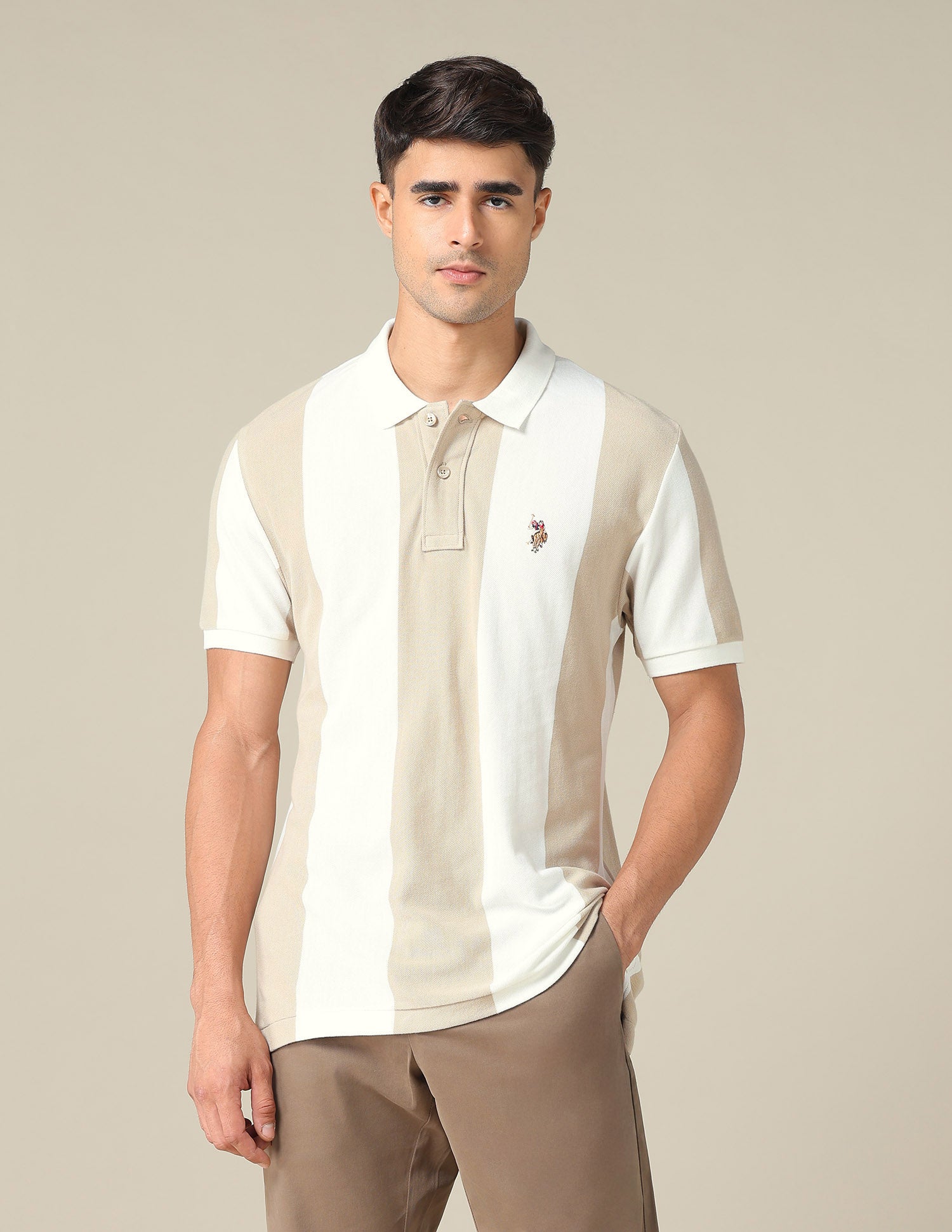 Vertical Striped Muscle Fit Polo Shirt Ivory - U.S. POLO ASSN. | Large