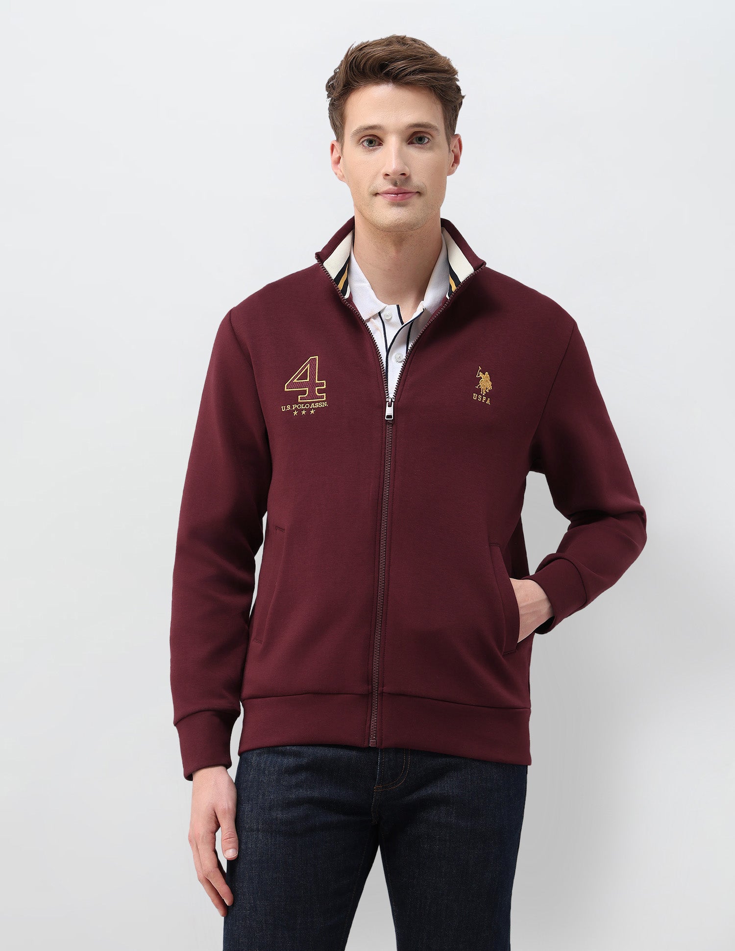 Numeric Brand Embroidered Zipper Sweatshirt Maroon - U.S. POLO ASSN. | Large