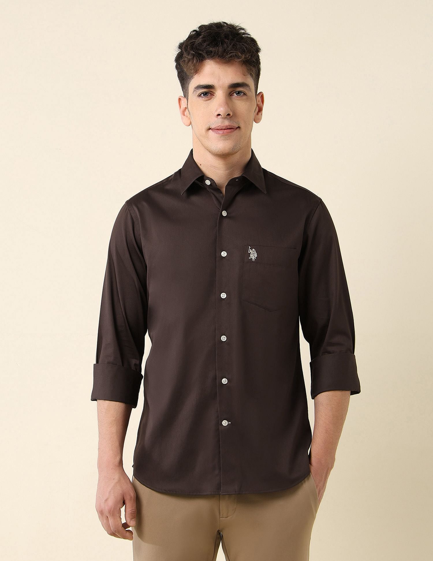 Tailored Fit Satin Shirt Brown - U.S. Polo Assn. India | Large