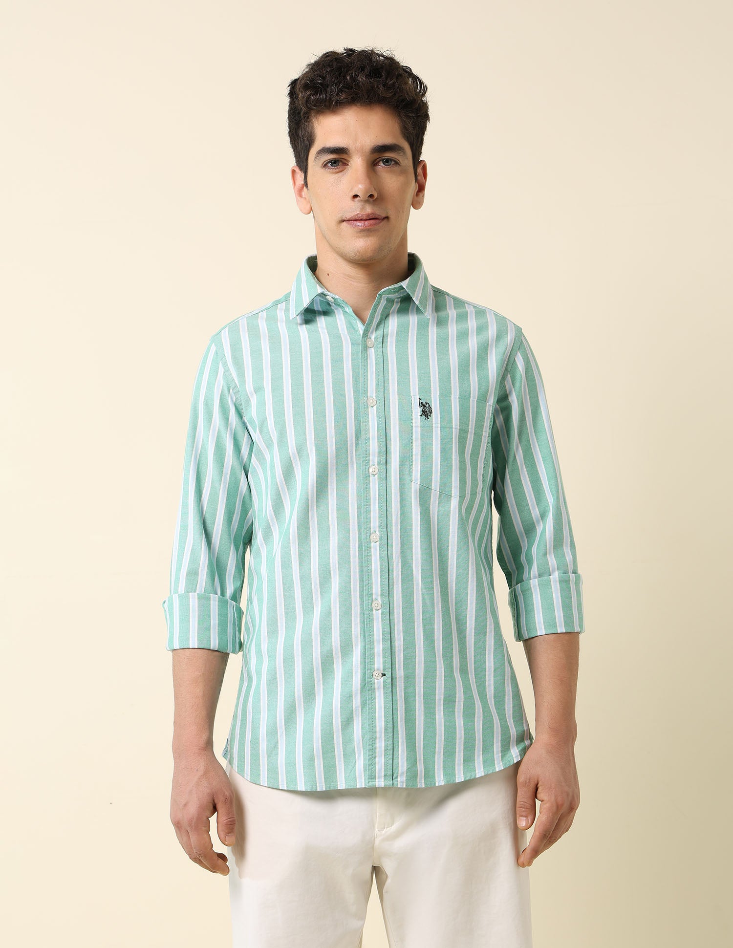 Pure Cotton Vertical Striped Shirt Green - U.S. Polo Assn. India | Large
