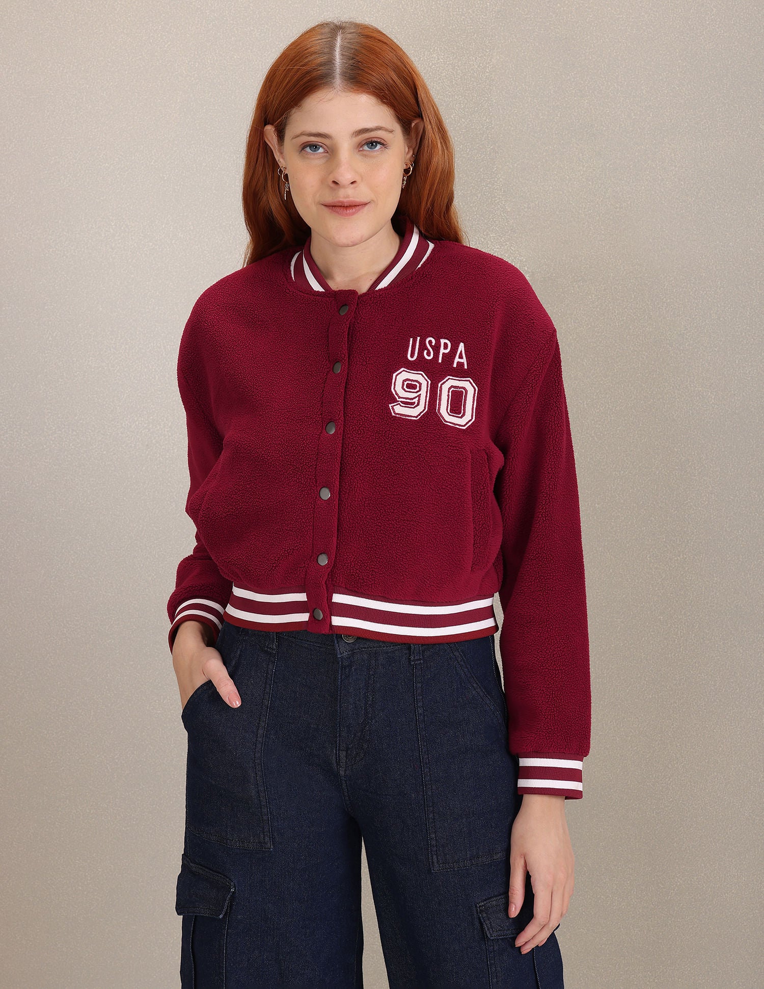 Solid Faux Fur Varsity Jacket Wine - U.S. POLO ASSN. | Large