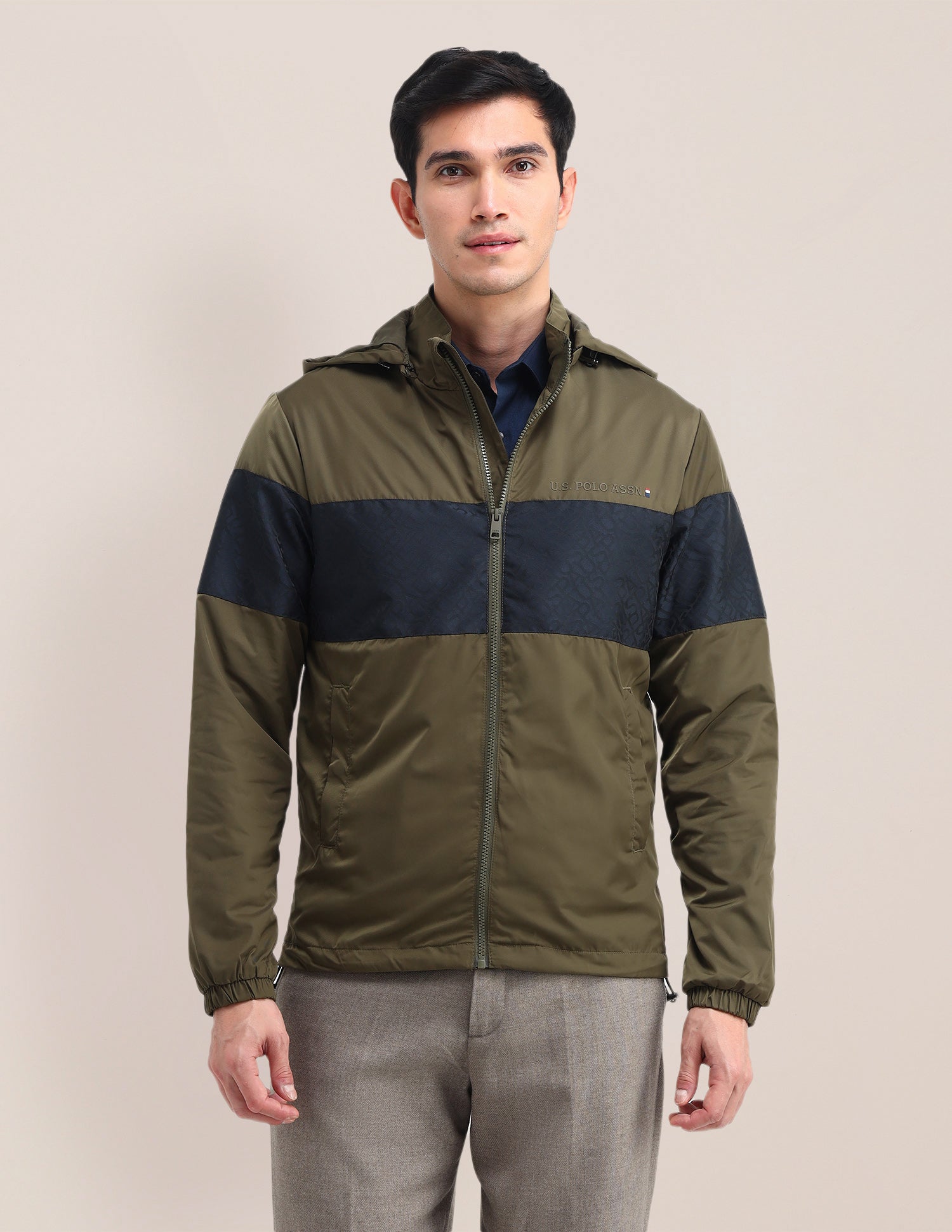 Brand Printed Regular Fit Jacket Olive - U.S. Polo Assn. India | Large