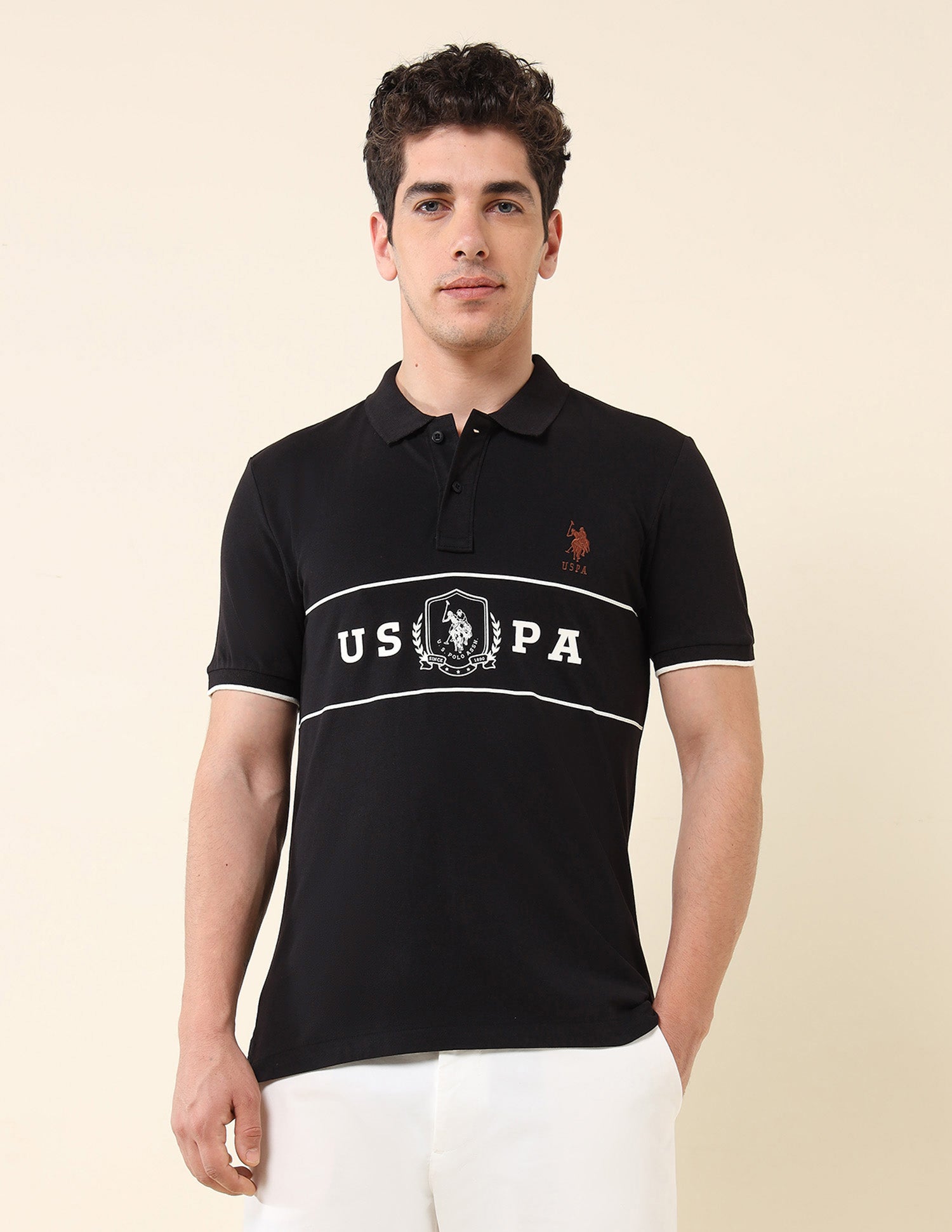 Brand Printed Slim Fit Classic Polo Shirt Black - U.S. Polo Assn. India | Large