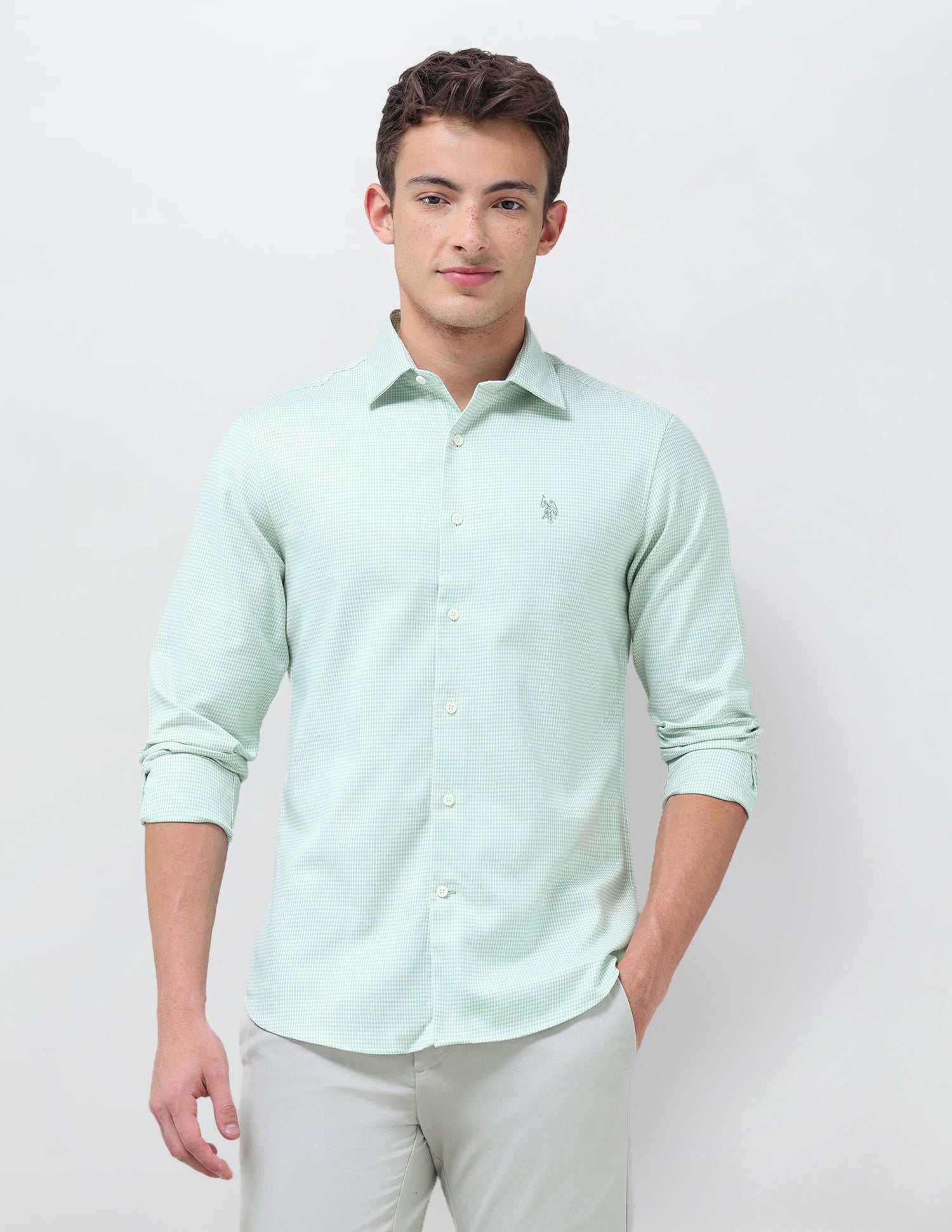 Tailored Fit Micro Checked Shirt Light Green - U.S. Polo Assn. India | Large