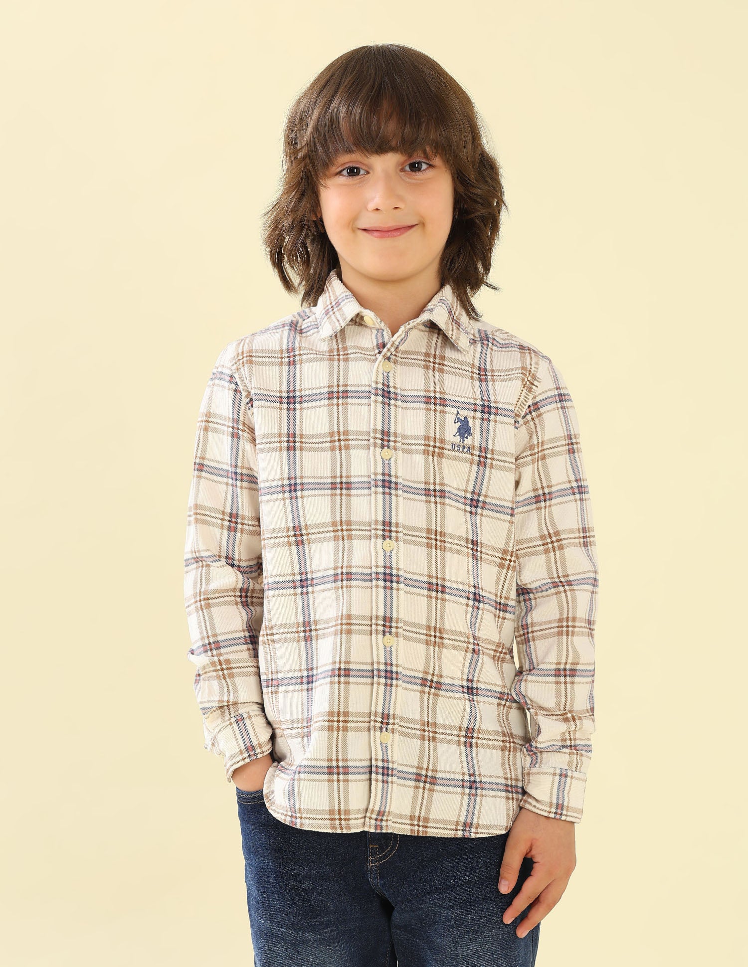 Corduroy Plaid Checked Shirt Off White - U.S. Polo Assn. India | Large