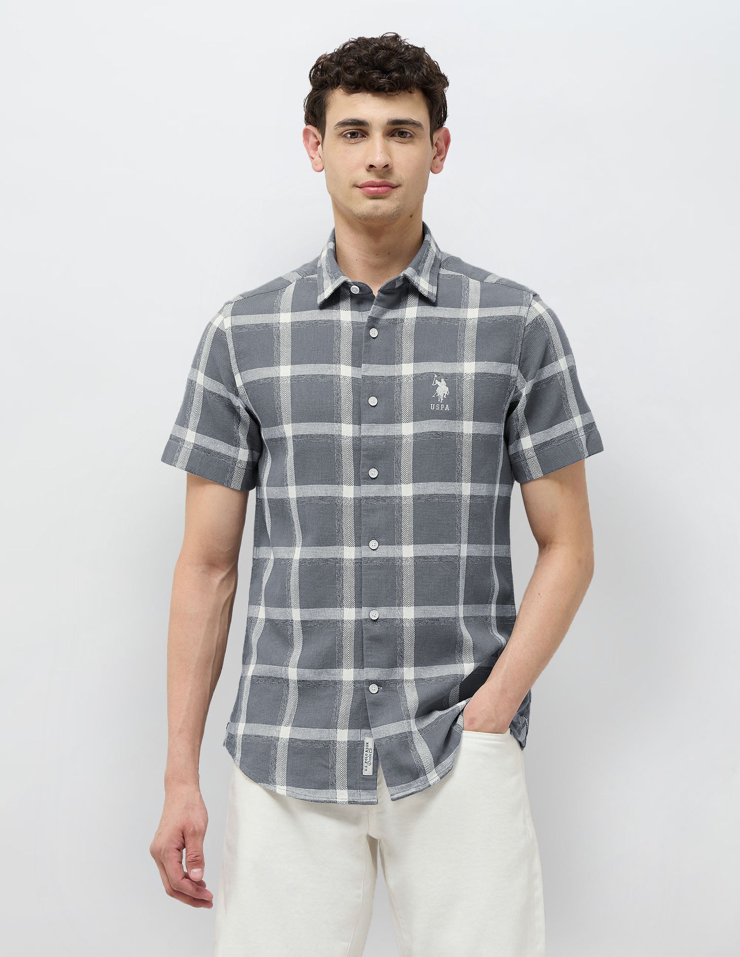 Textured With Grid Checked Dobby Shirt Grey - U.S. POLO ASSN. | Large