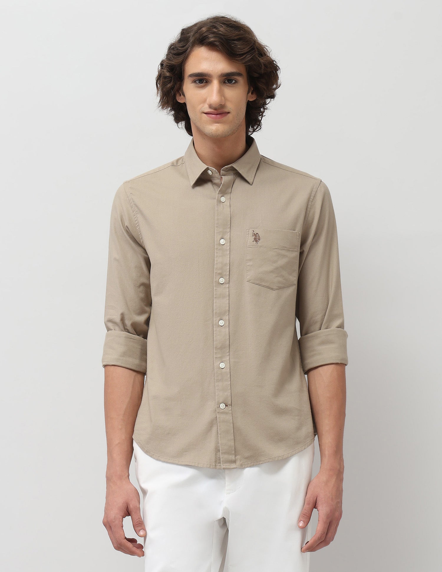 Tailored Fit Solid Shirt Khaki - U.S. Polo Assn. India | Large