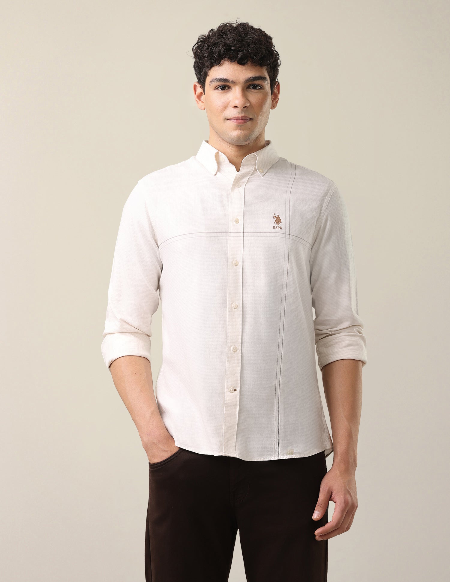 Twill Tailored Fit Button-Down Collar Shirt Ivory - U.S. Polo Assn. India | Large