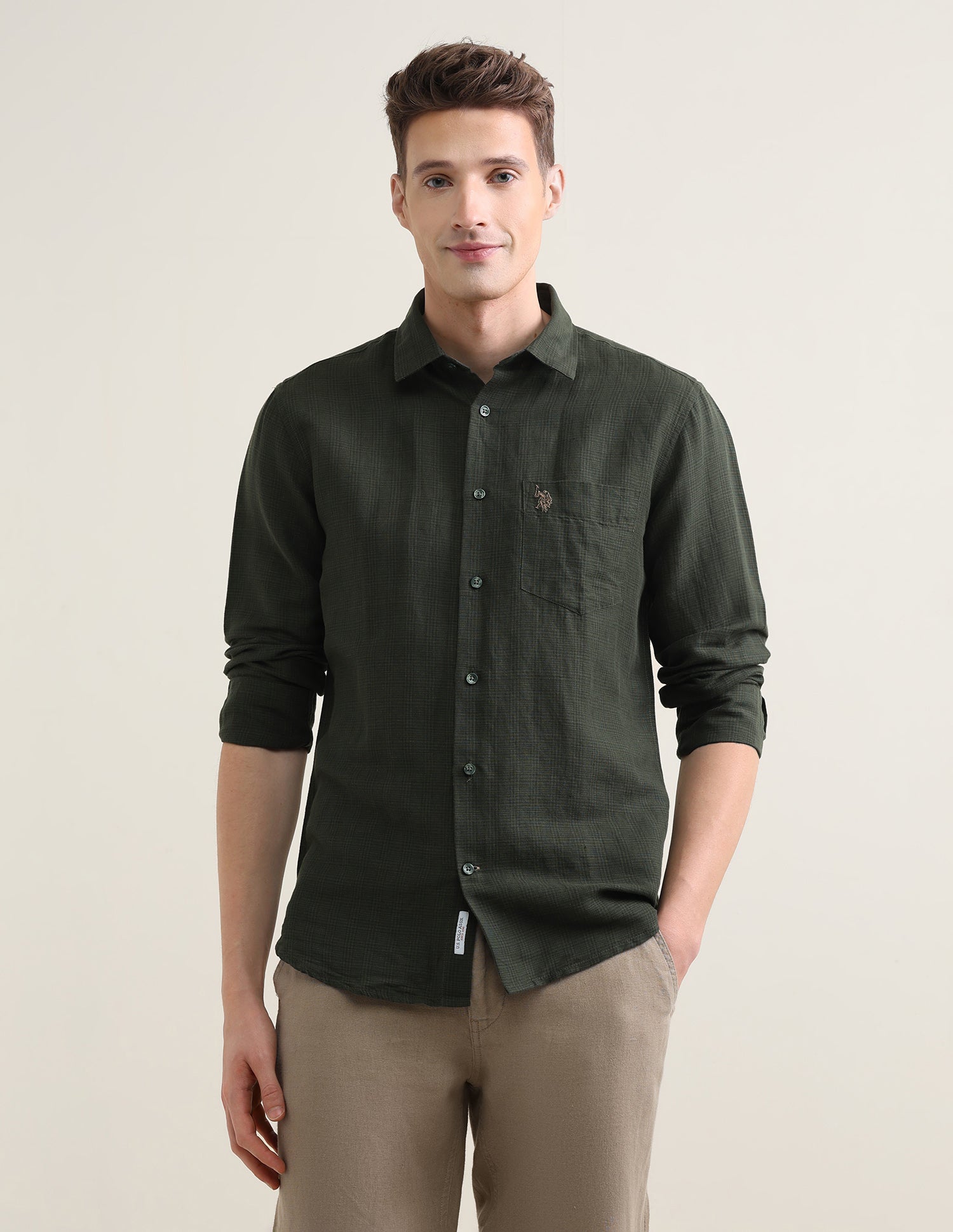 Solid Regular Fit Shirt Olive - U.S. Polo Assn. India | Large