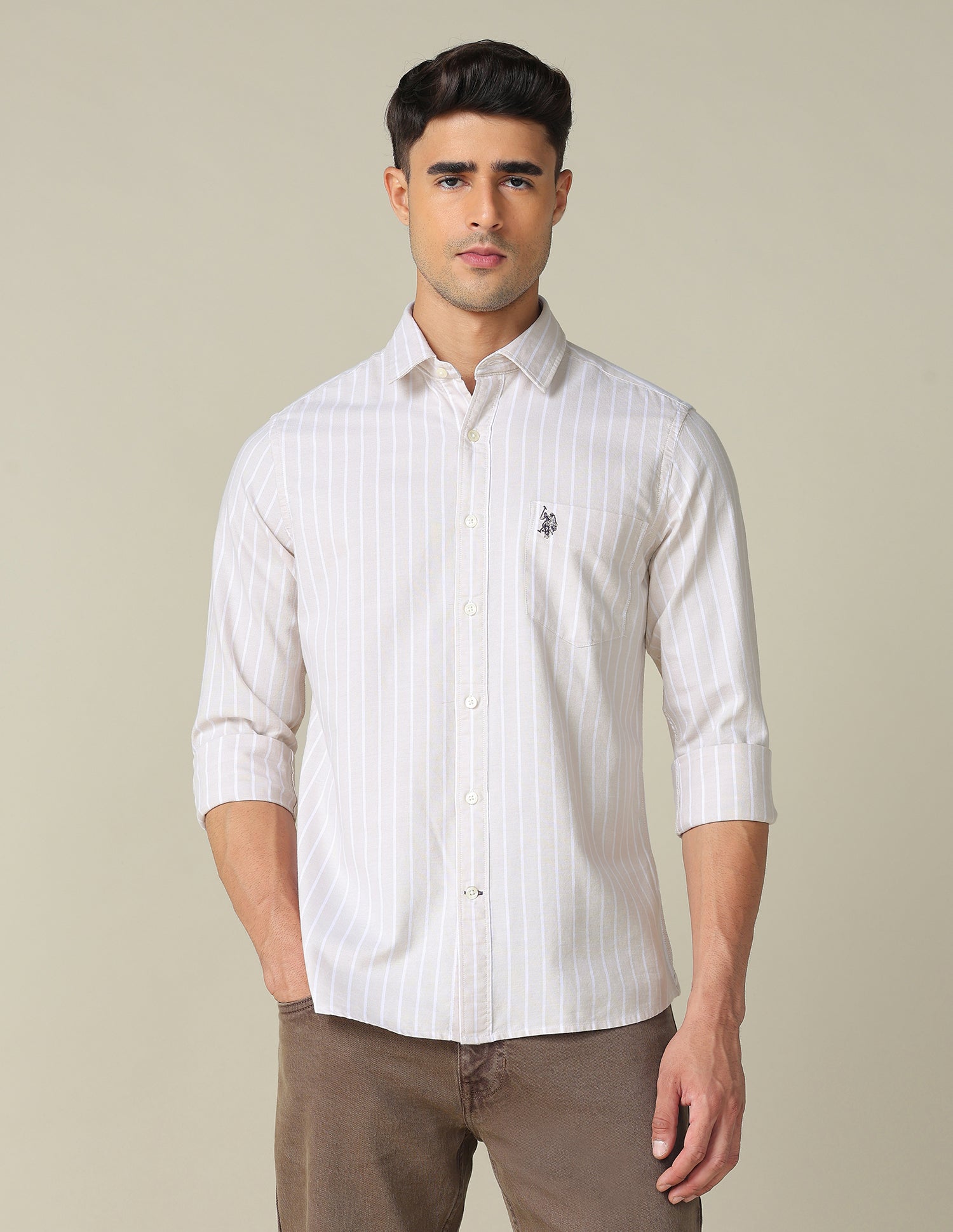 Vertical Striped Tailored Fit Shirt Beige - U.S. POLO ASSN. | Large