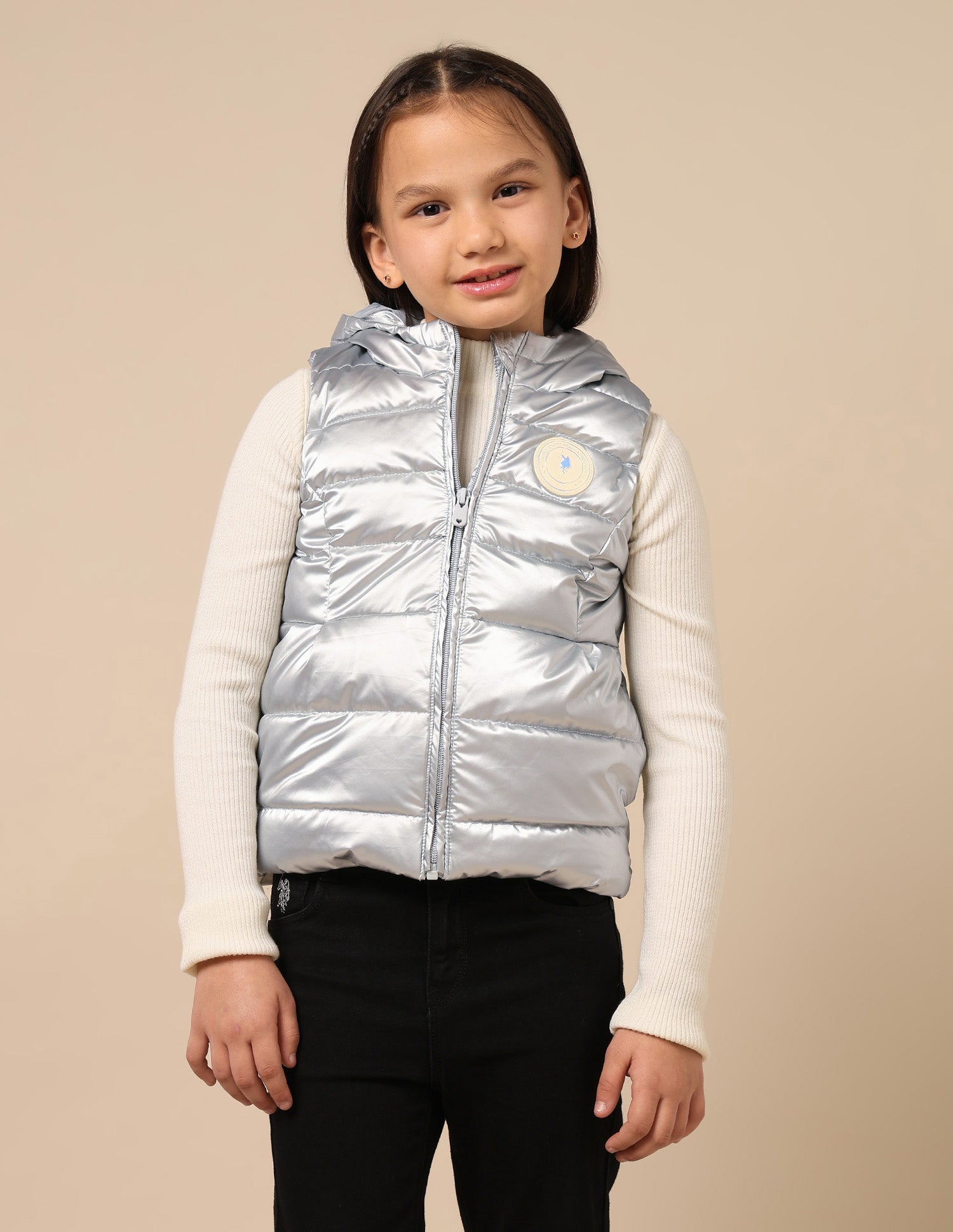 Girls Hooded Puffer Gilet Jacket Silver - U.S. POLO ASSN. | Large