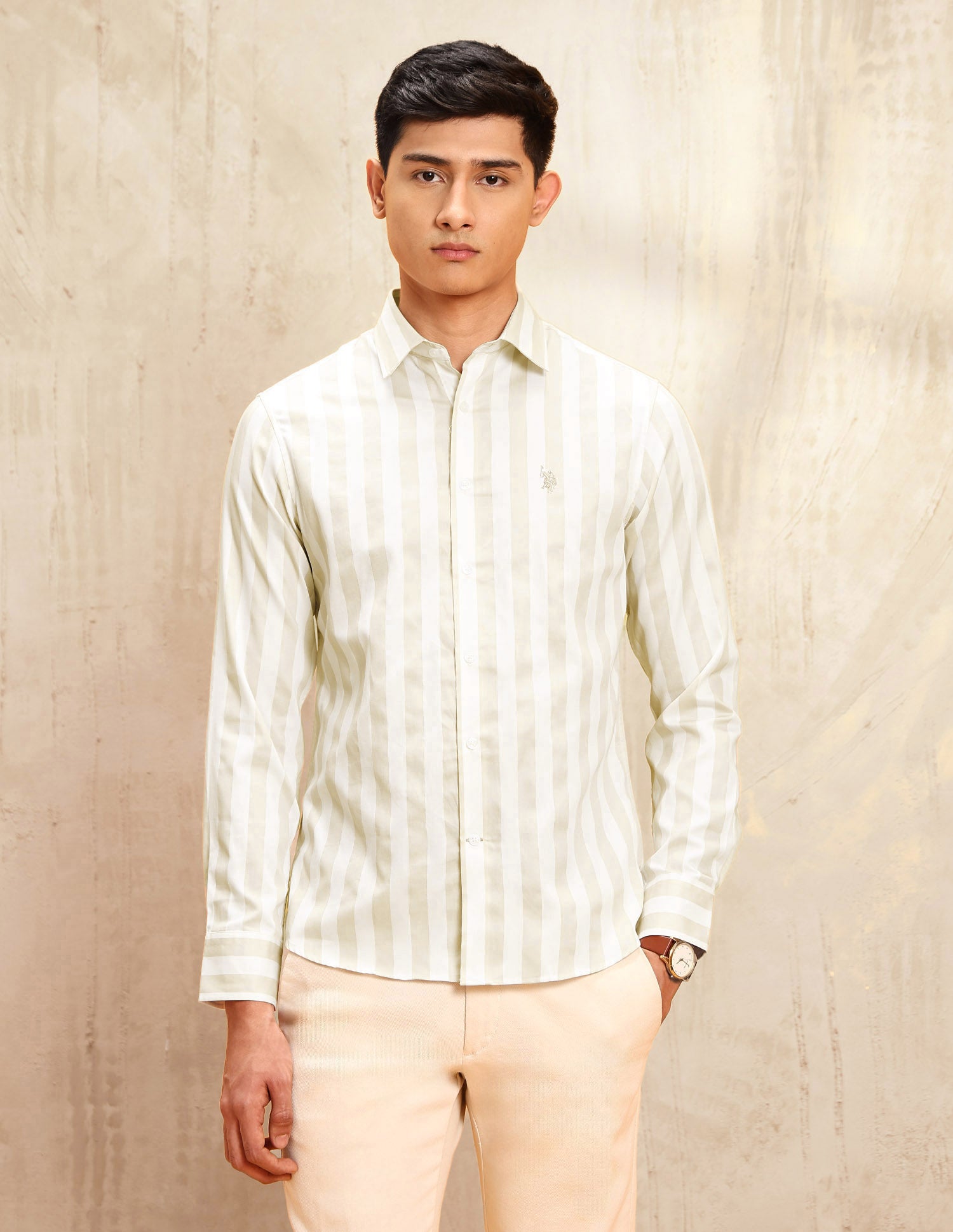 Vertical Striped Tailored Fit Shirt Beige - U.S. POLO ASSN. | Large