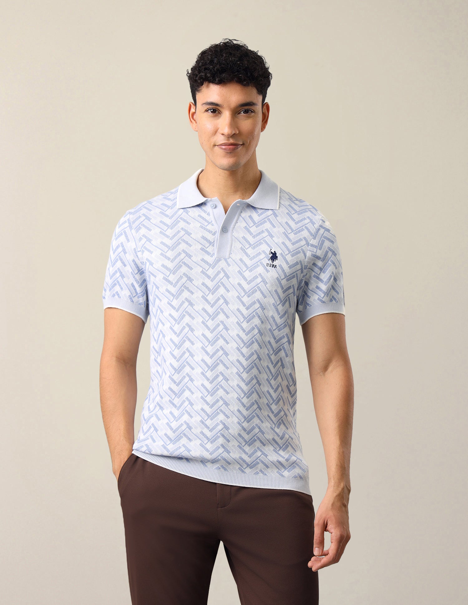 Geometric Patterned Knit Slim Fit Polo Shirt Blue - U.S. Polo Assn. India | Large