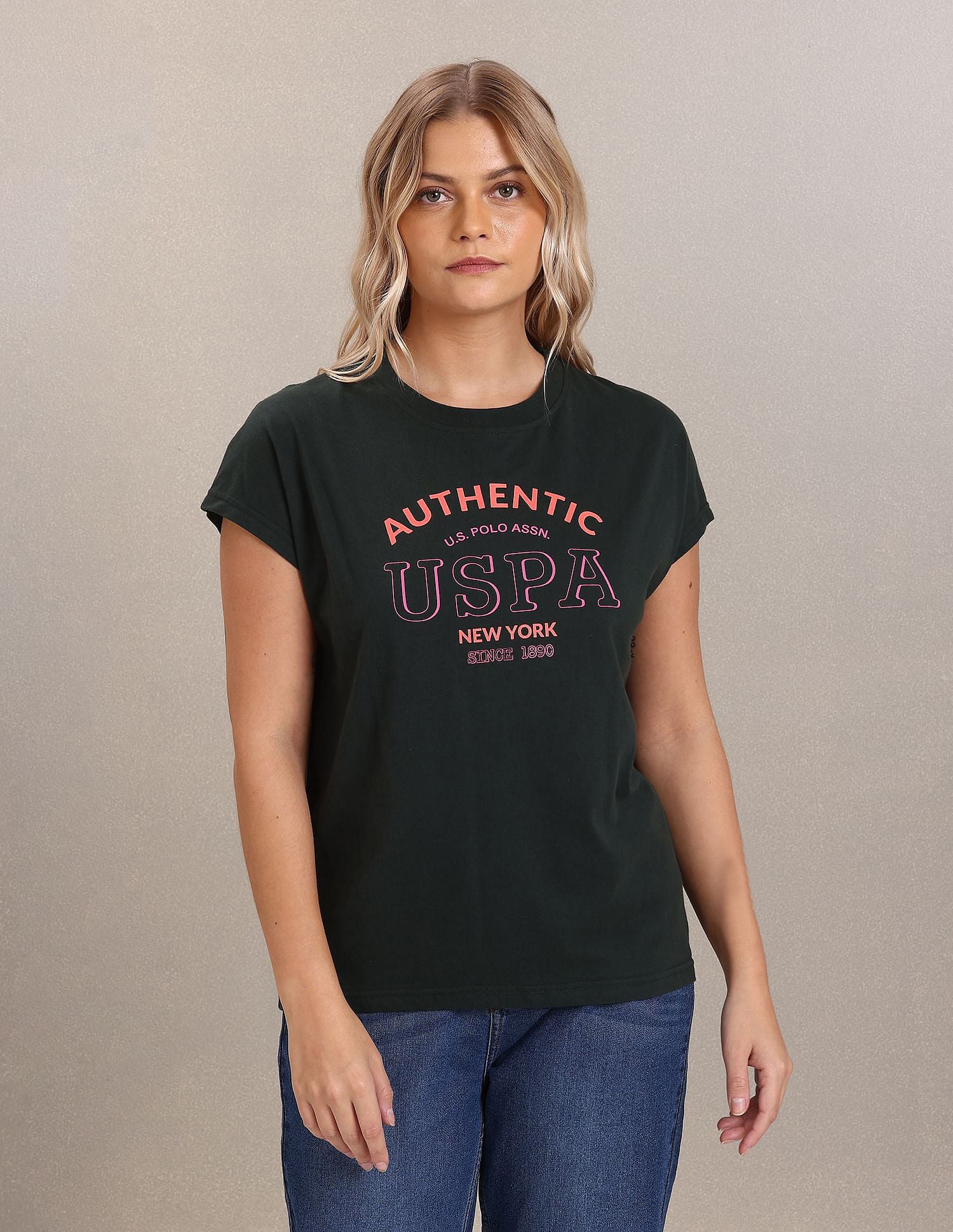 Crew Neck Typographic Print T-Shirt Dark Green - U.S. Polo Assn. India | Large