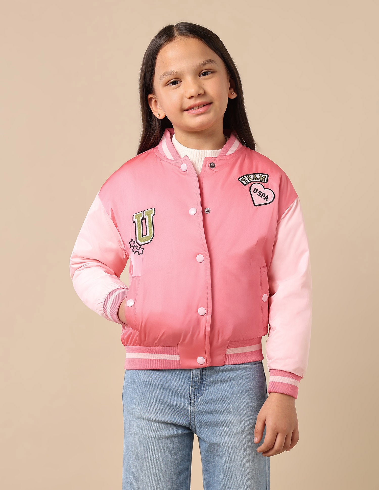 Girls Color Block Varsity Jacket Pink - U.S. POLO ASSN. | Large
