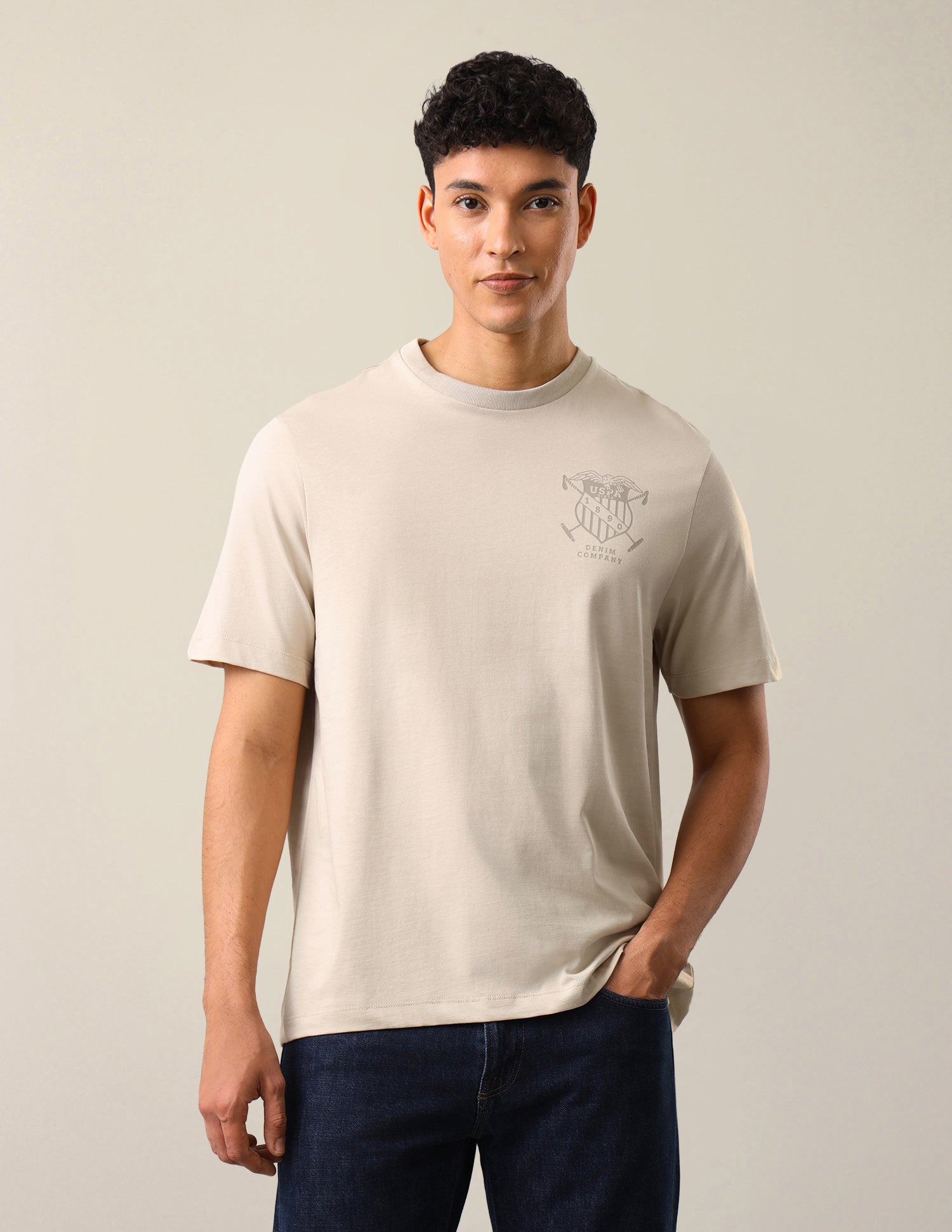 Graphic Brand Printed Relaxed Fit T-Shirt Beige - U.S. Polo Assn. India | Large