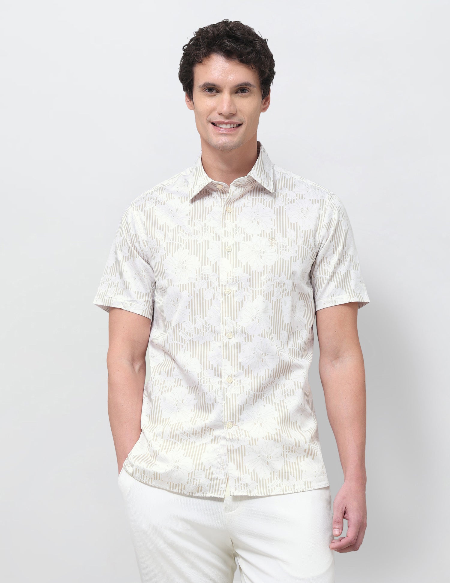 Vertical Striped With Floral Printed Satin Shirt Beige - U.S. Polo Assn. India | Large