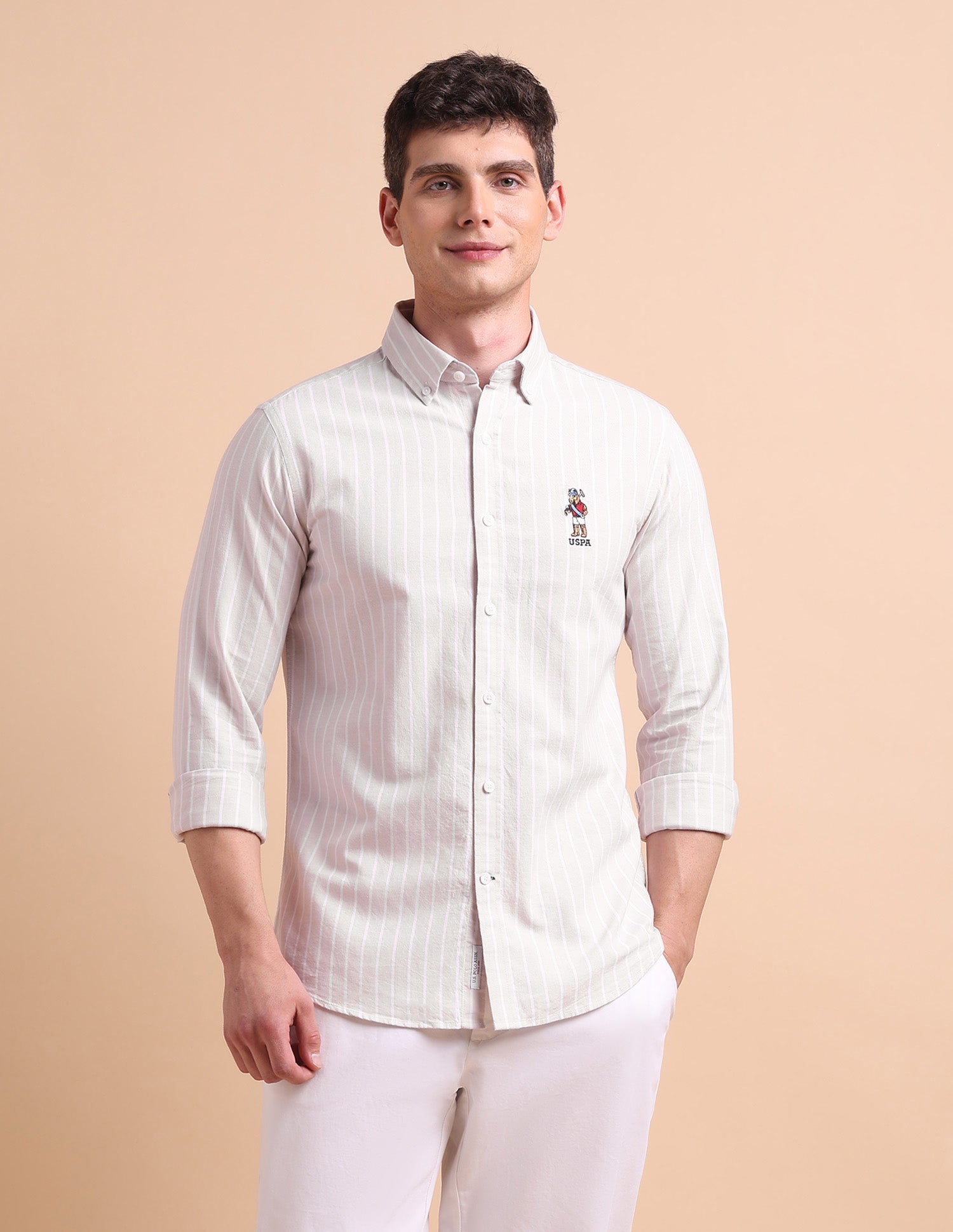 Tailored Fit Vertical Striped Formal Shirt Beige - U.S. POLO ASSN. | Large