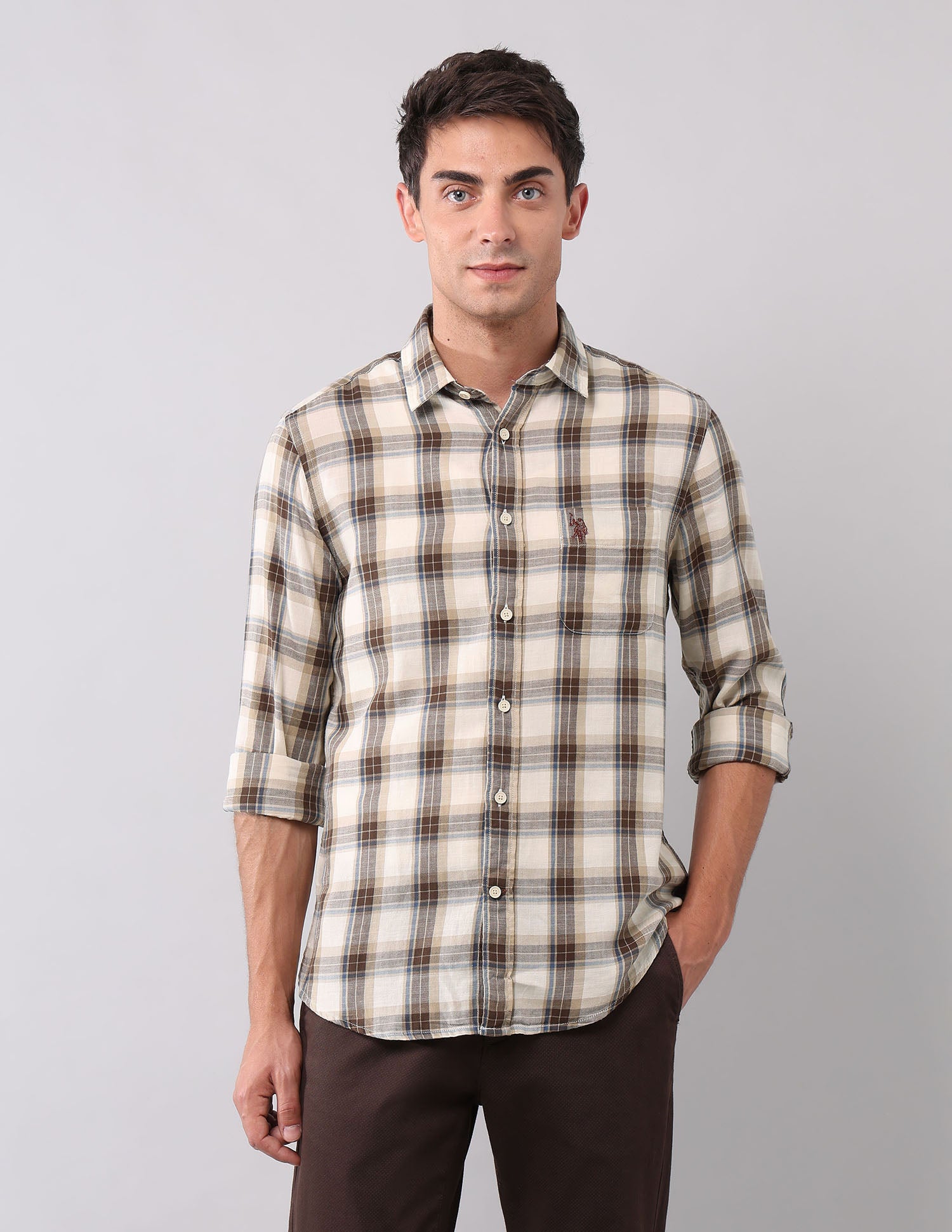 Plaid Checked Pure Cotton Shirt Off White - U.S. Polo Assn. India | Large