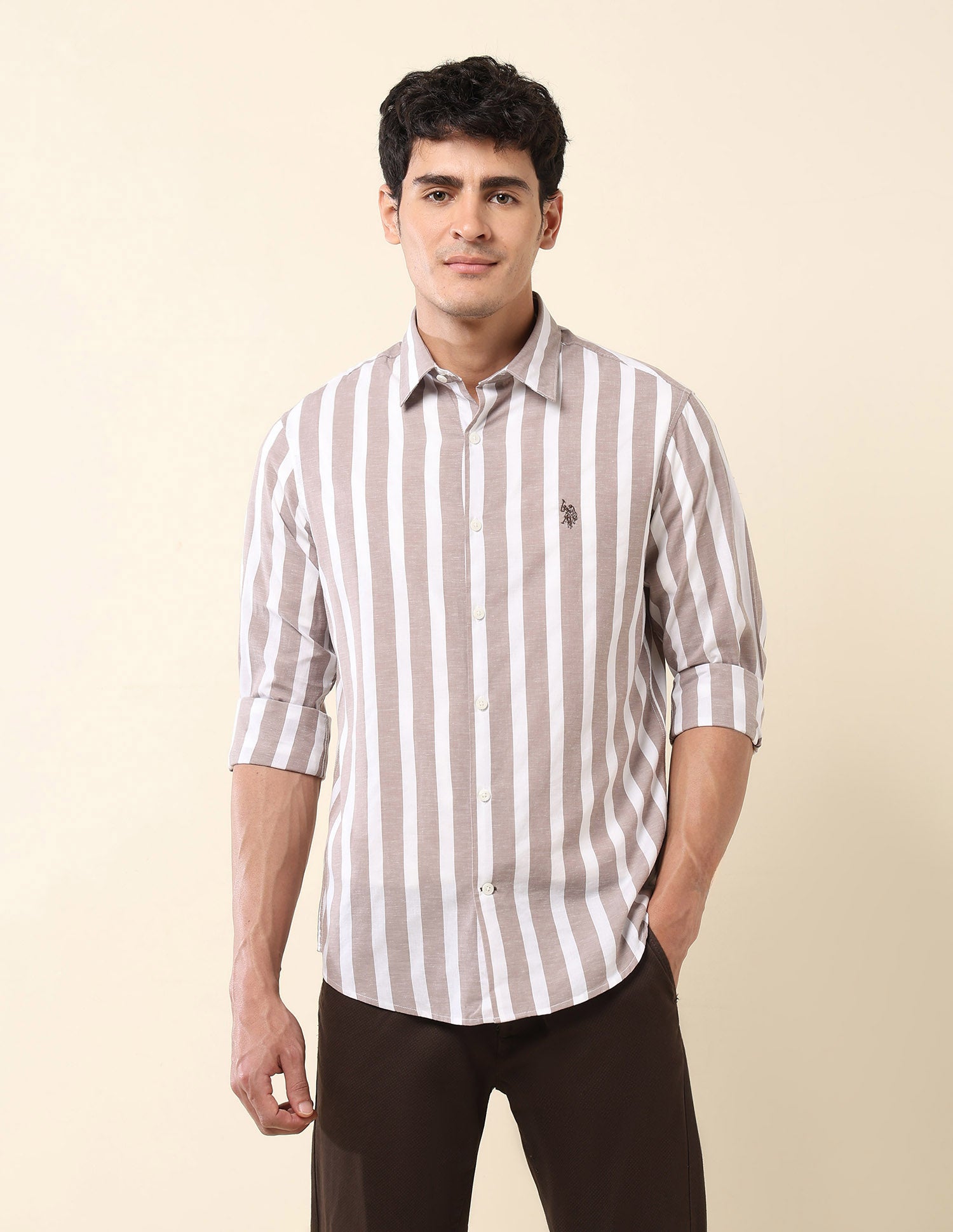 Vertical Striped Pure Cotton Shirt Choco - U.S. Polo Assn. India | Large