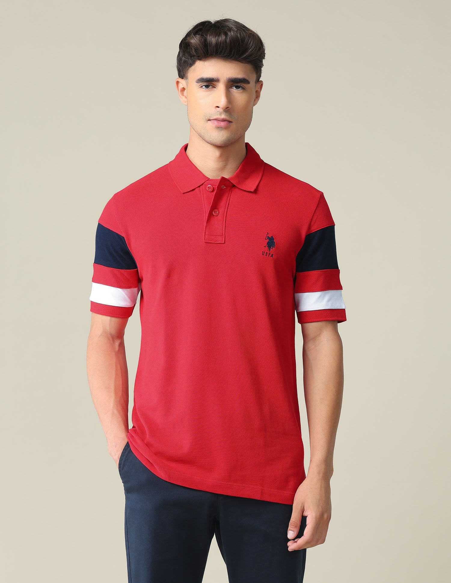 Striped Sleeve Cotton Polo Shirt Red - U.S. POLO ASSN. | Large