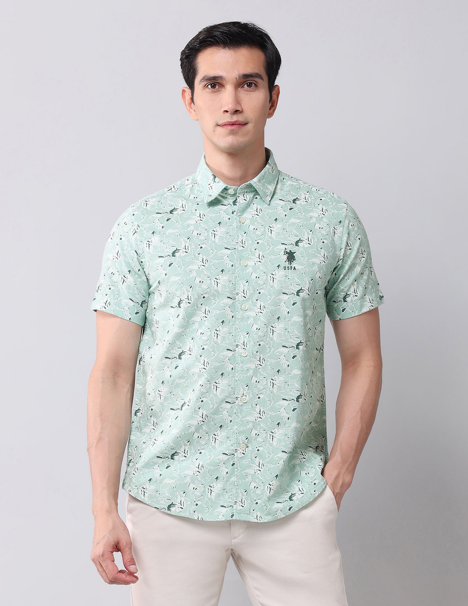 Regular Fit Twill Printed Shirt Light Olive - U.S. Polo Assn. India | Large