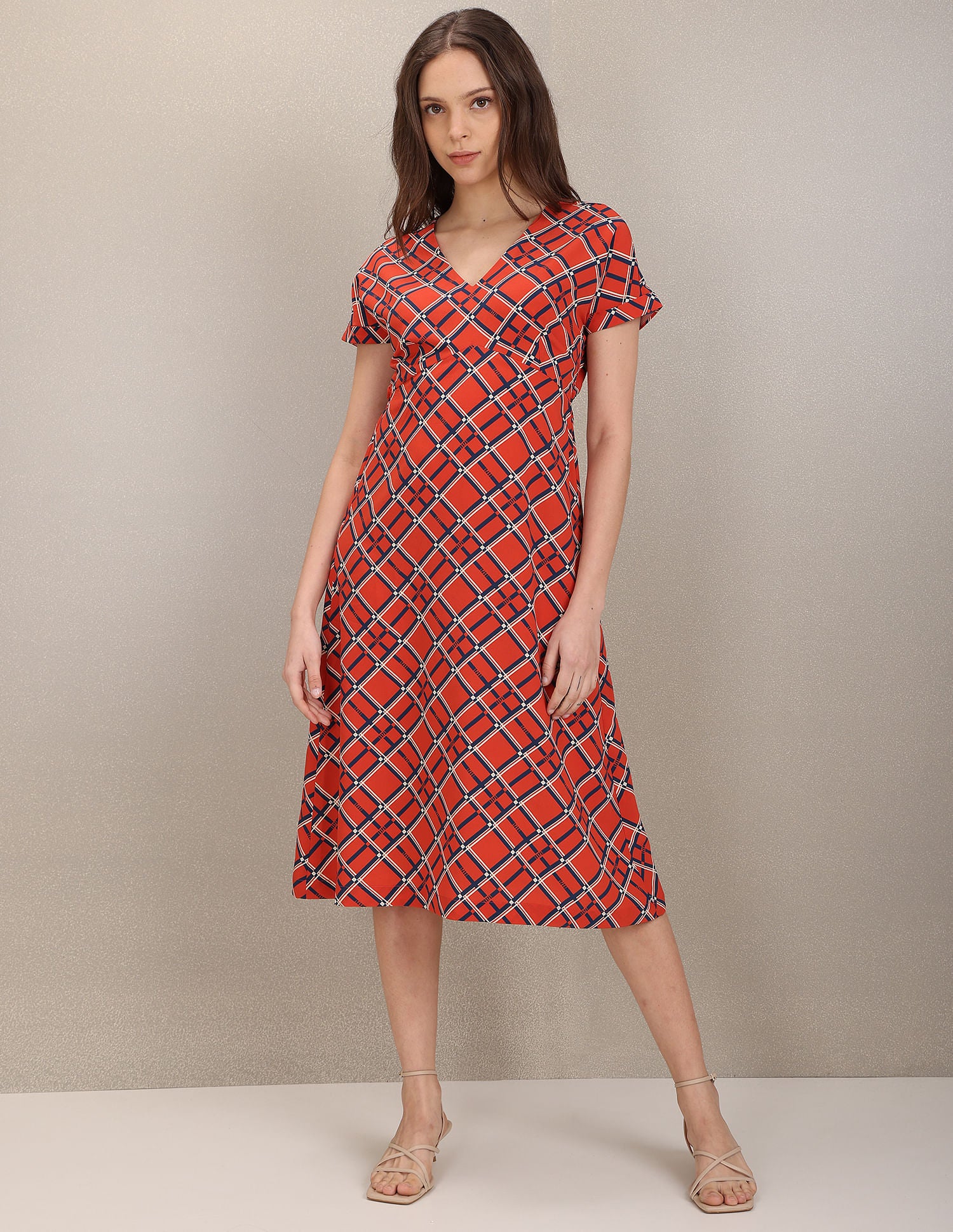 V-Neck Geometric Print Empire Waist Dress Rust - U.S. Polo Assn. India | Large