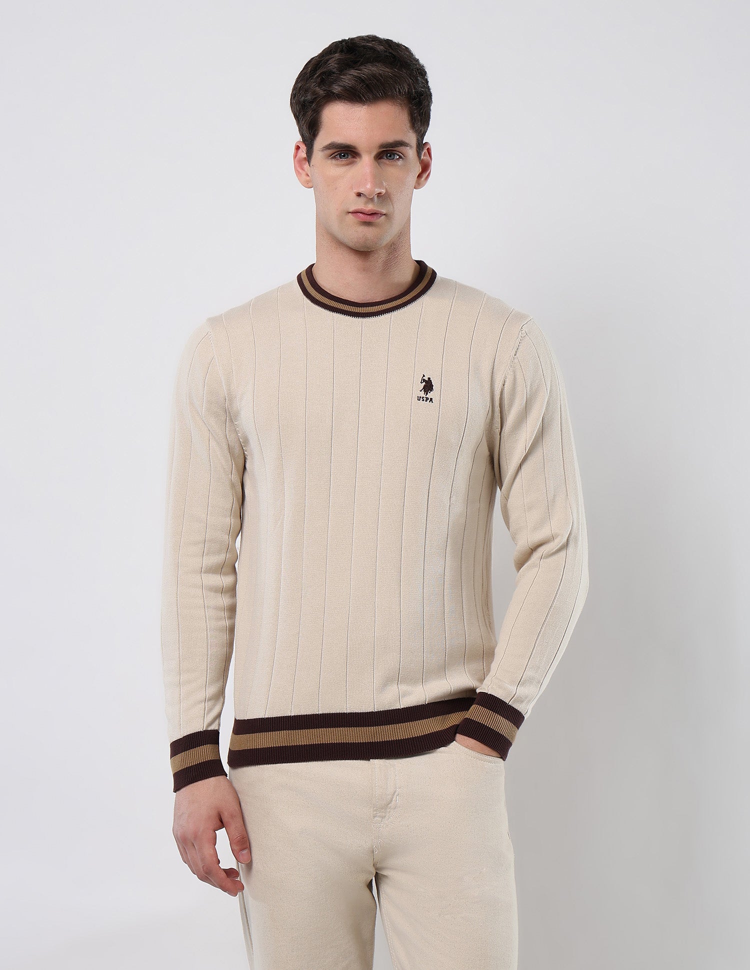 Vertical Striped Patterned Knit Sweater Beige - U.S. POLO ASSN. | Large