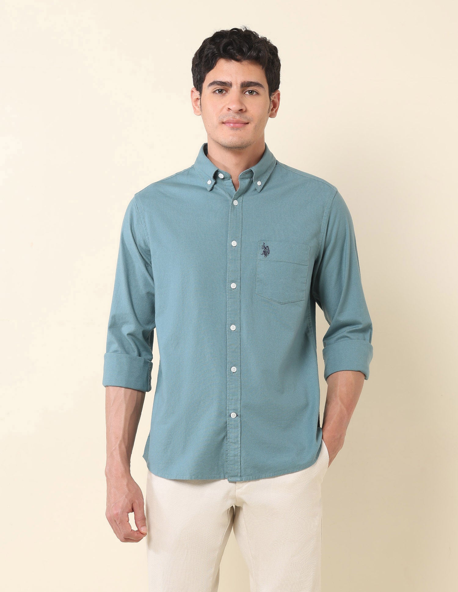 Solid Tailored Fit Oxford Shirt Teal - U.S. Polo Assn. India | Large