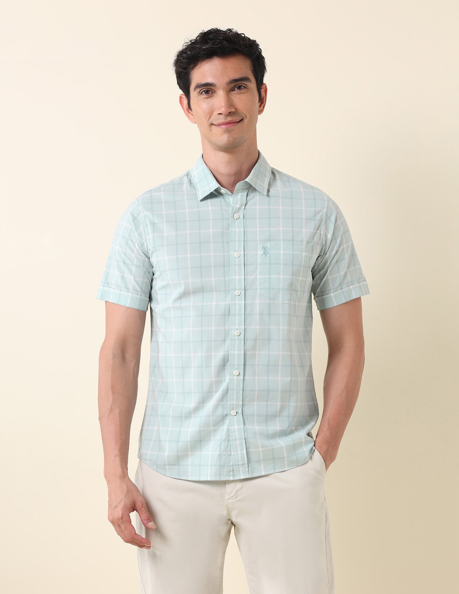 Pure Cotton Grid Tattersall Checked Shirt Light Green - U.S. Polo Assn. India | Large