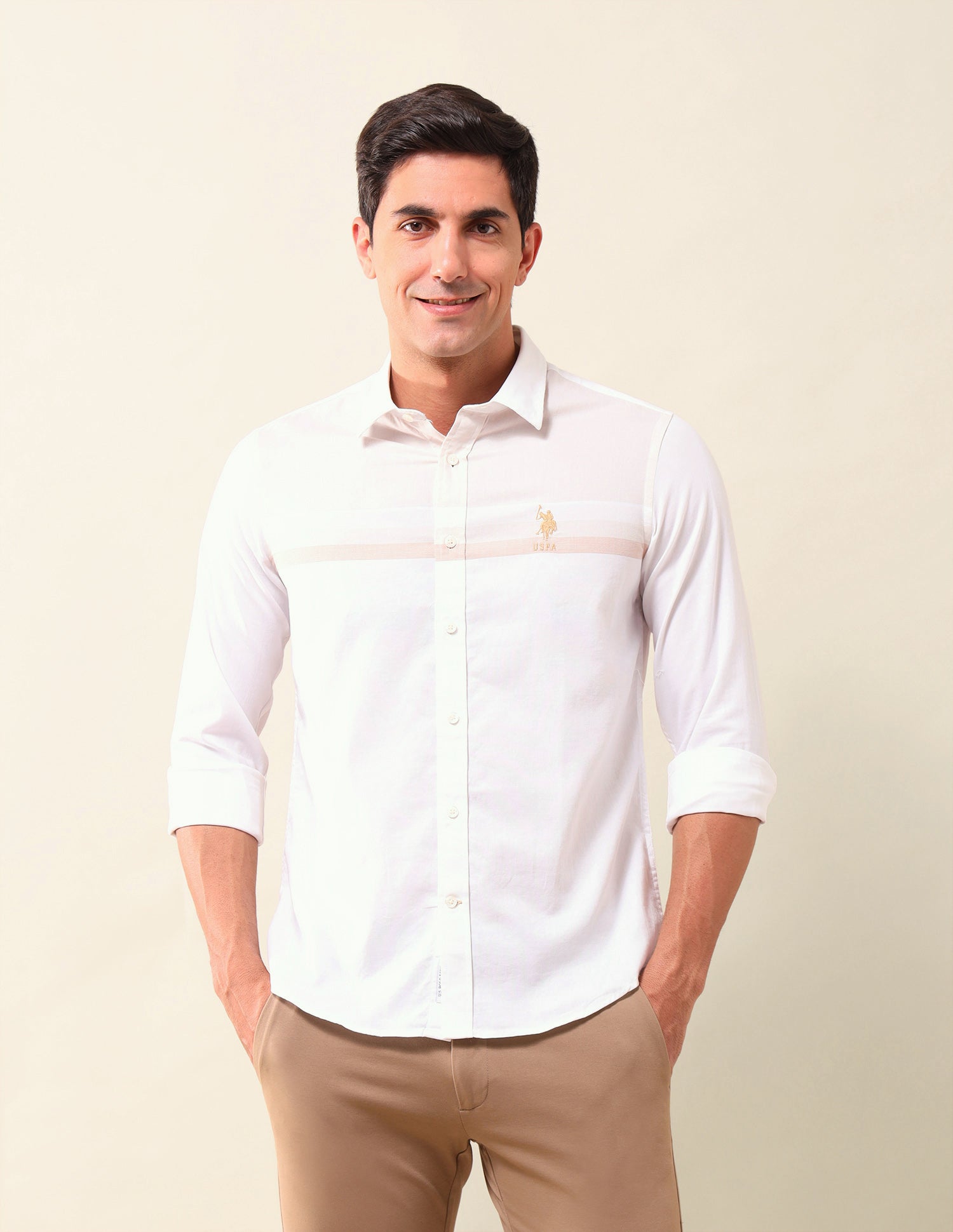 Solid Tailored Fit Shirt Beige - U.S. Polo Assn. India | Large