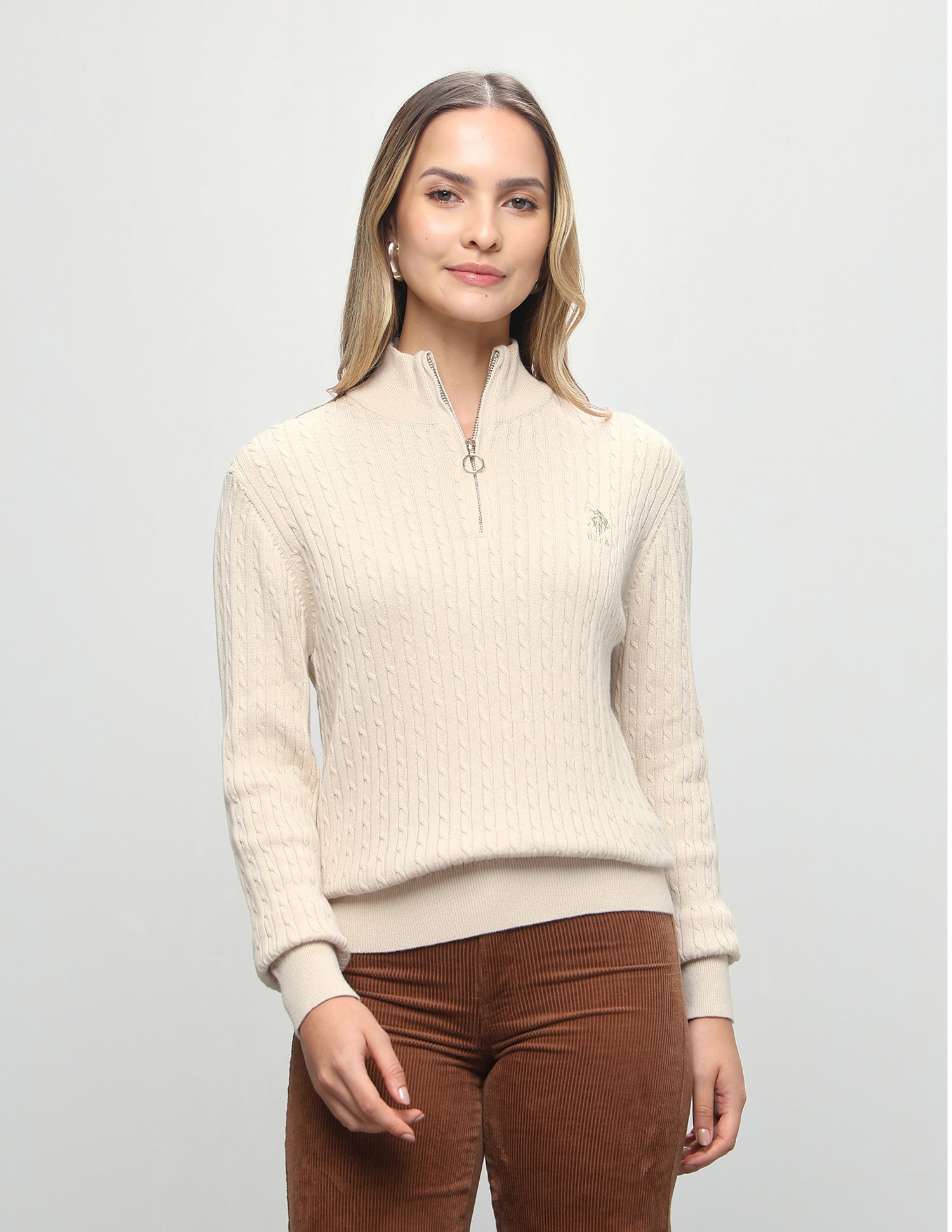Cable Patterned Knit Regular Fit Sweater Ecru - U.S. Polo Assn. India | Large