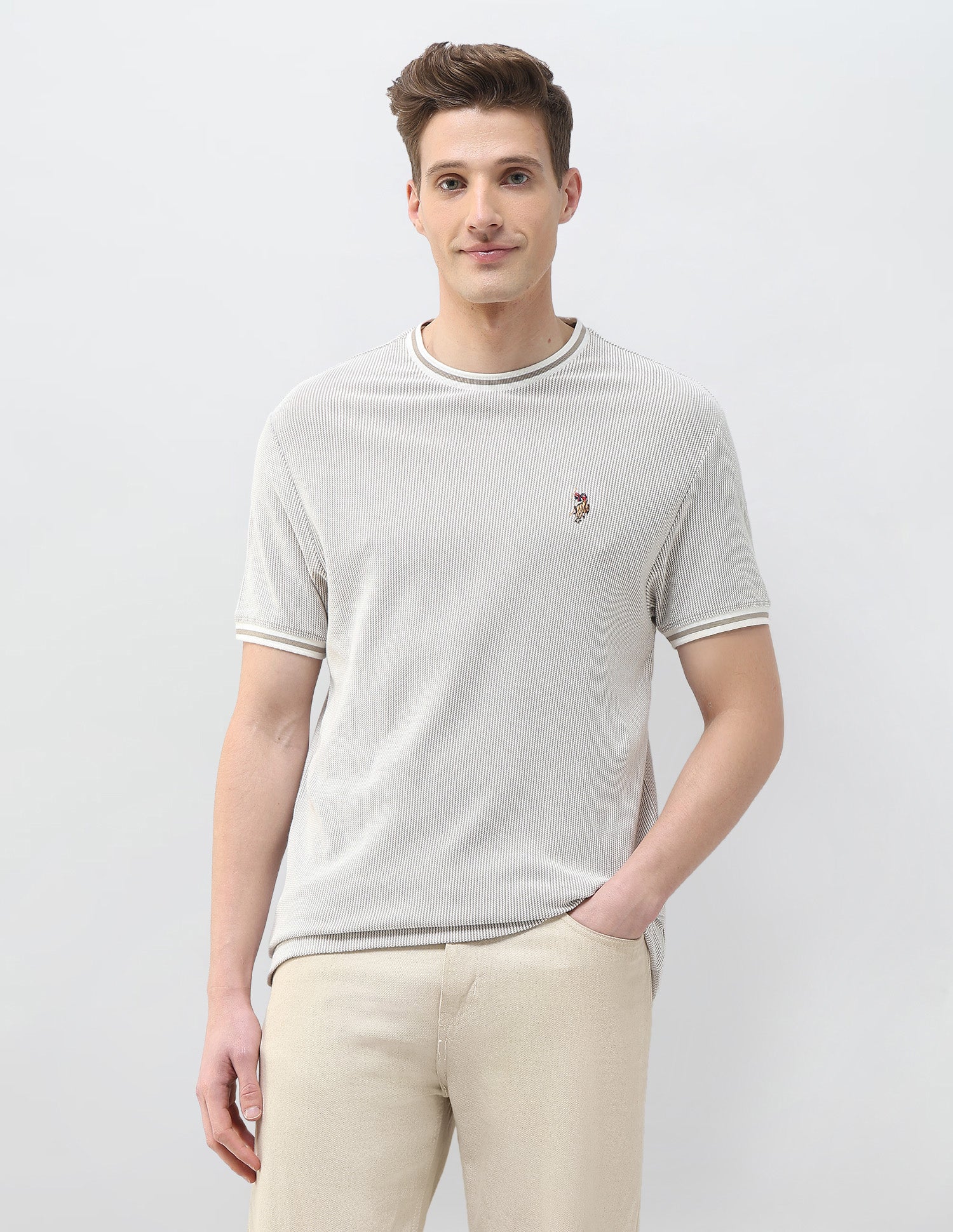 Textured Motel On The Coast Slim Fit T-Shirt Ivory - U.S. Polo Assn. India | Large