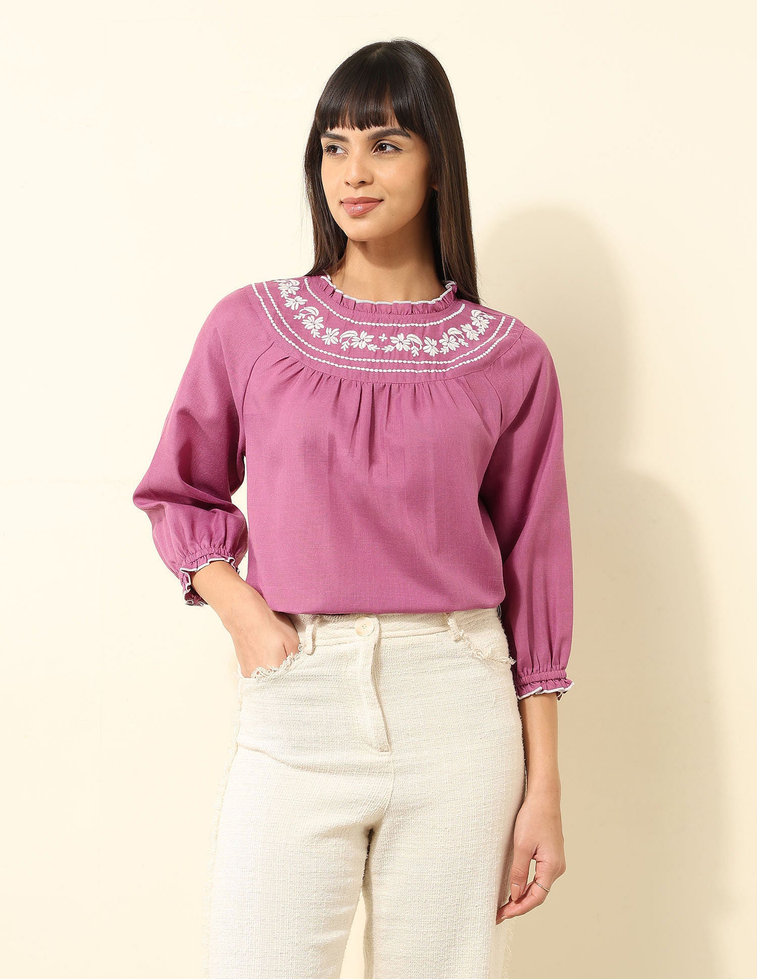 Yoke Embroidered Frill Top Pink - U.S. POLO ASSN. | Large