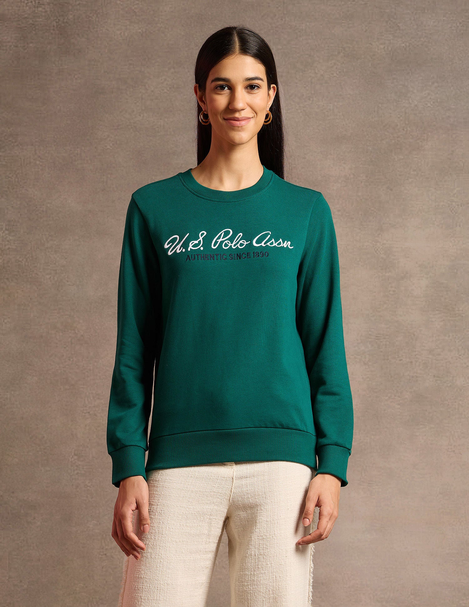 Crew Neck Brand Embroidered Sweatshirt Dark Green - U.S. POLO ASSN. | Large