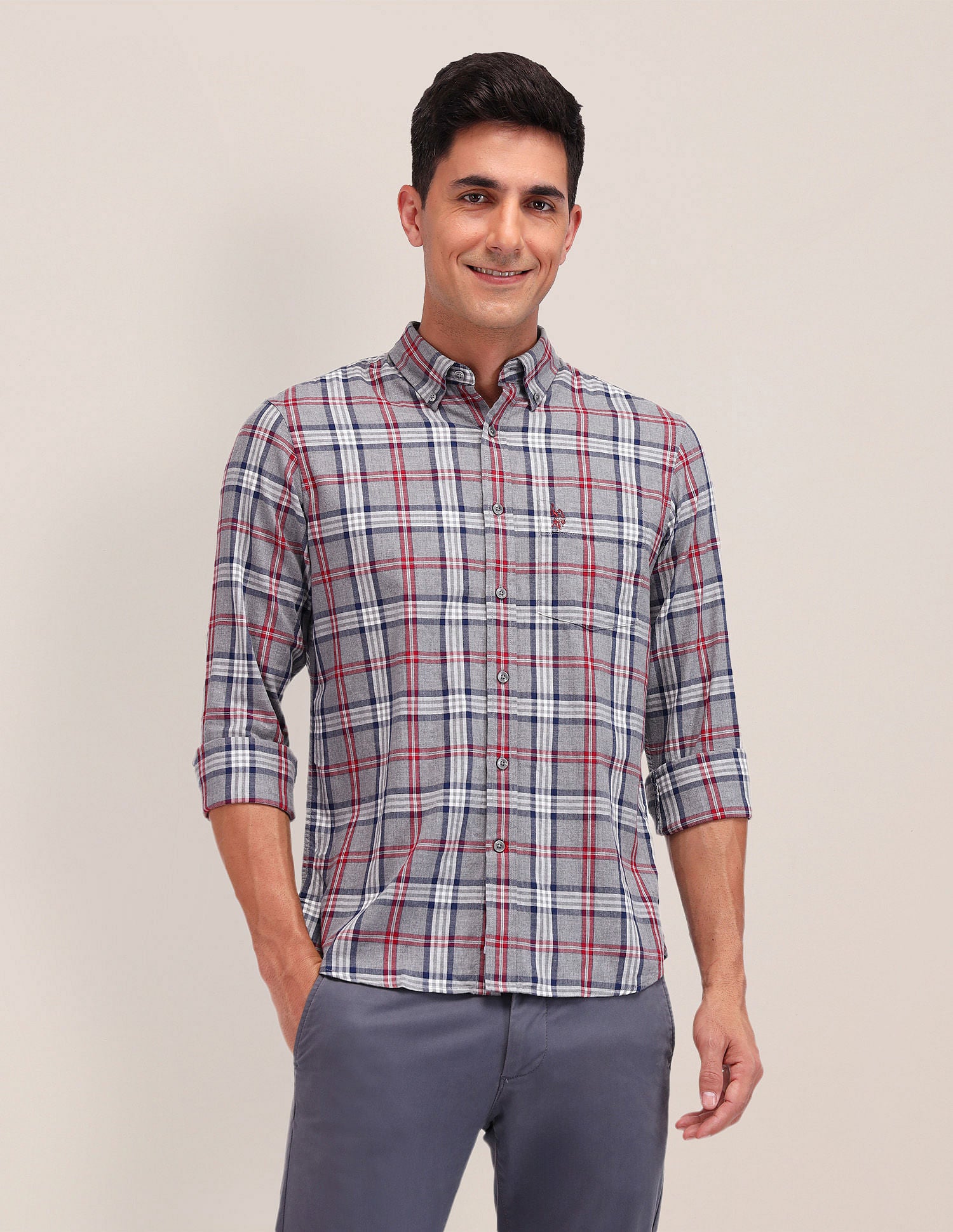 Tailored Fit Button Down Shirt Dark Grey - U.S. Polo Assn. India | Large