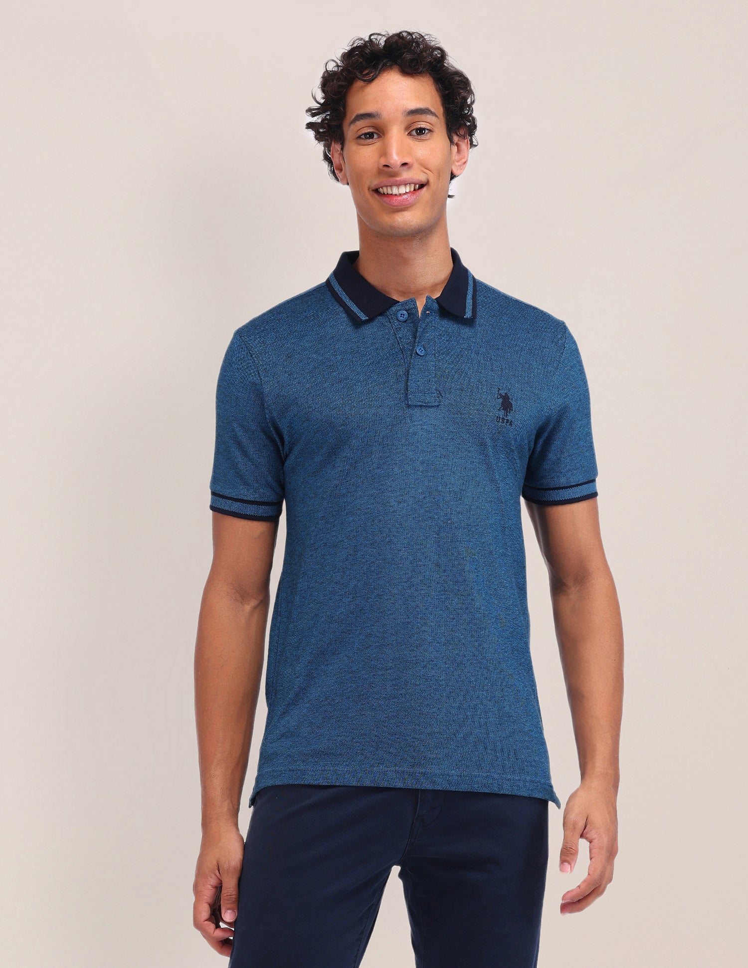 Textured Cotton Polo Shirt Blue - U.S. Polo Assn. India | Large