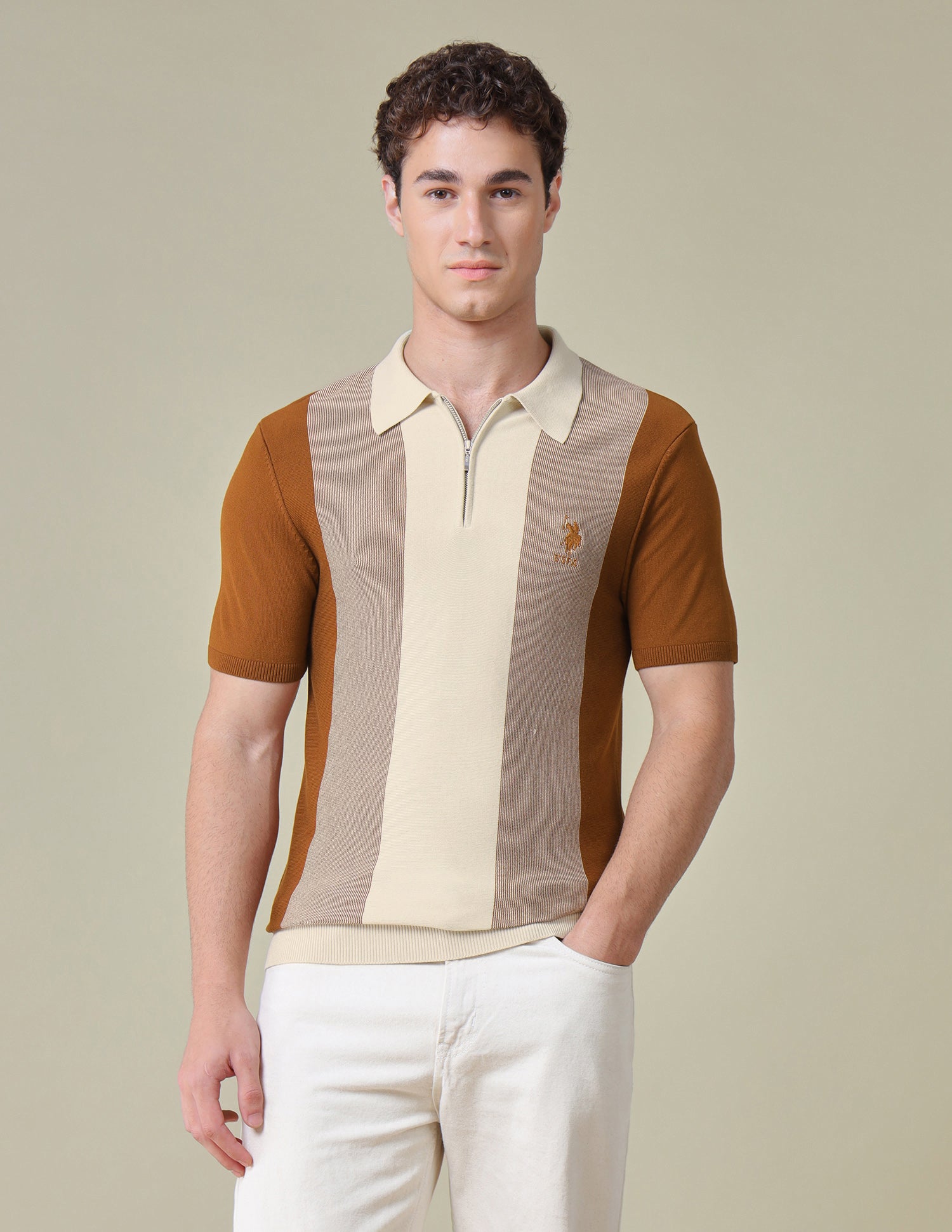Colourblocked Regular Fit Polo Shirt Light Brown - U.S. Polo Assn. India | Large