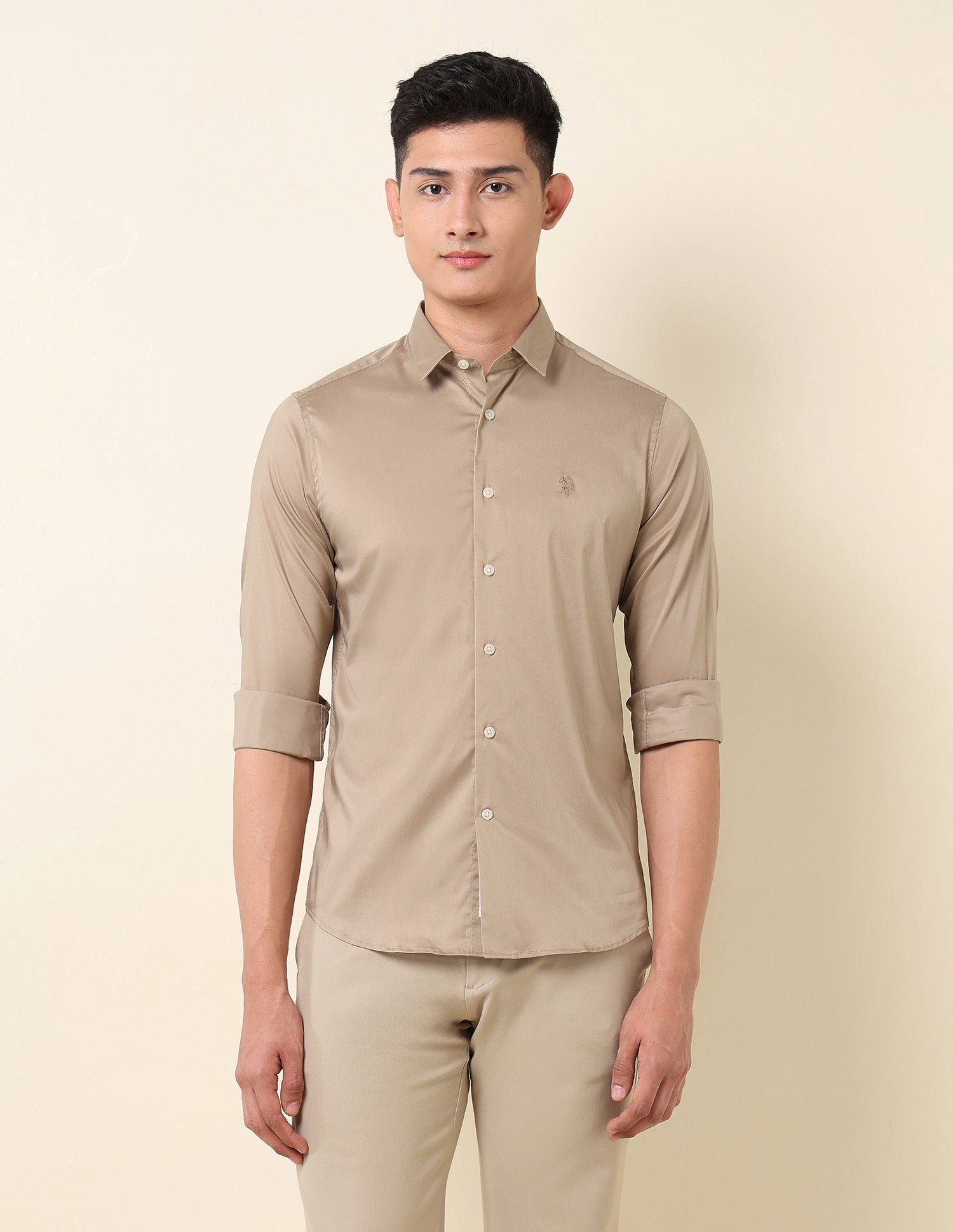 Tailored Fit Solid Shirt Khaki - U.S. Polo Assn. India | Large