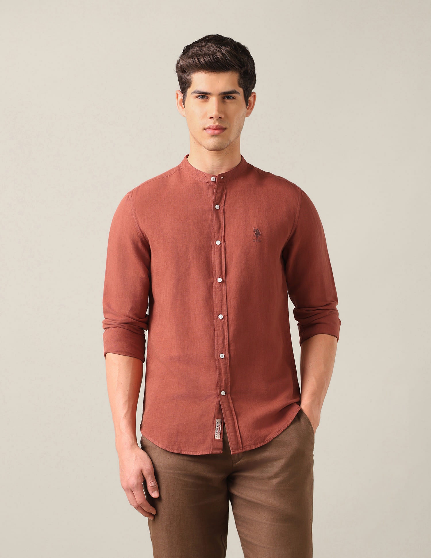 Solid Mandarin Shirt Brown - U.S. Polo Assn. India | Large
