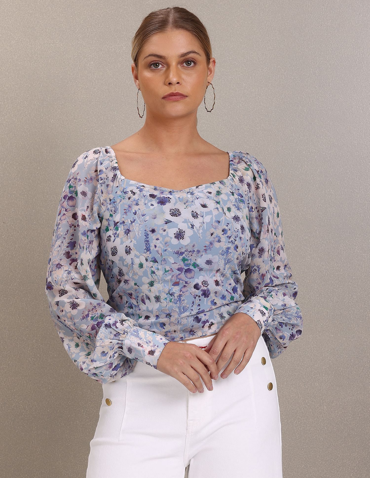 Square Neck Floral Print Woven Top Blue - U.S. Polo Assn. India | Large
