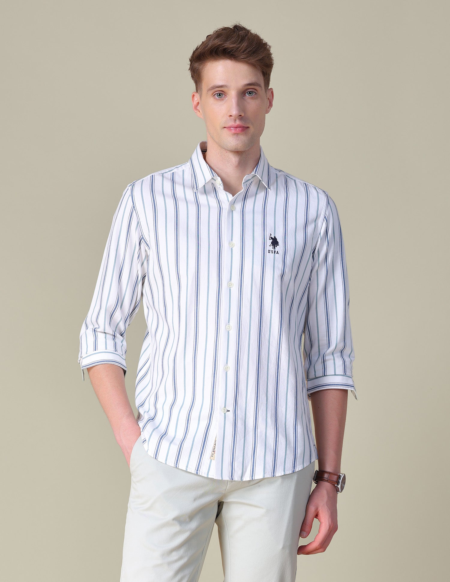 Vertical Striped Twill Shirt Off White - U.S. POLO ASSN. | Large